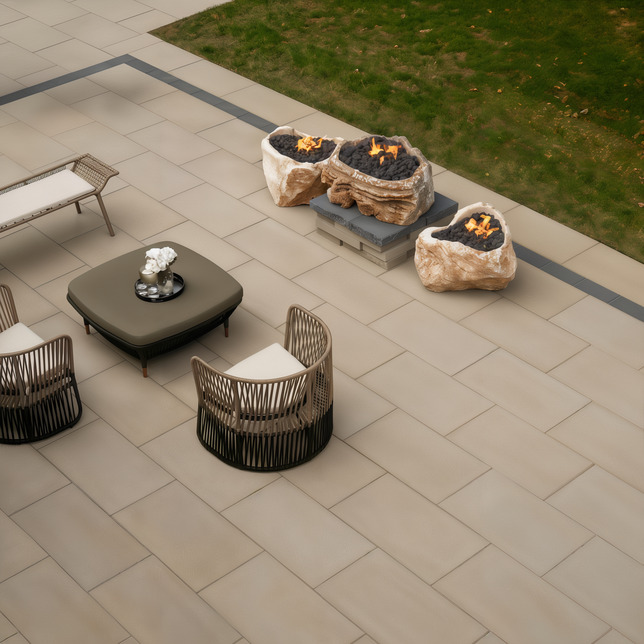 Blu 60 Grande Slabs in Beige Cream, smooth texture, staggered layout, fire bowls.