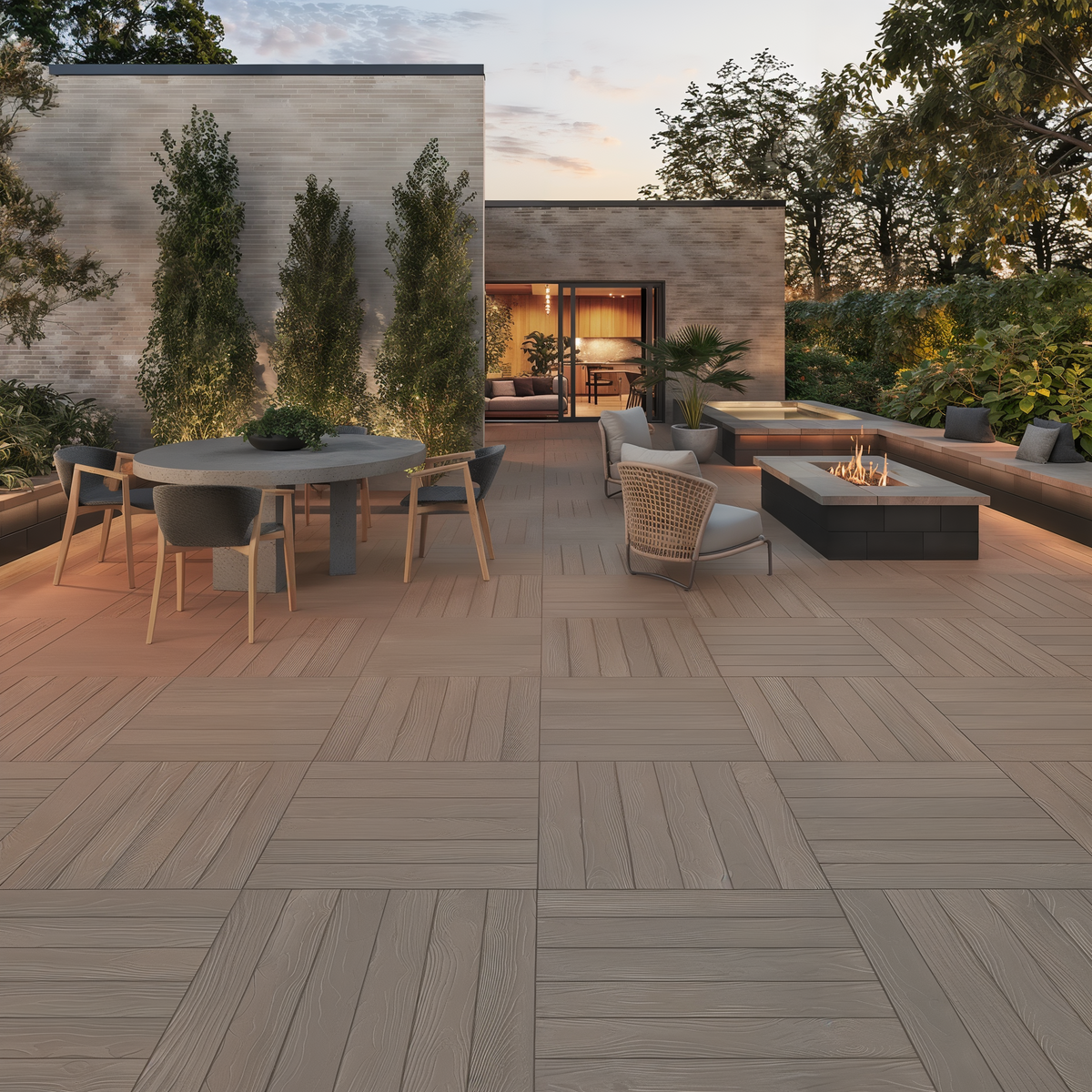 Borealis Slab Hazelnut Brandy patio slabs with wood texture.