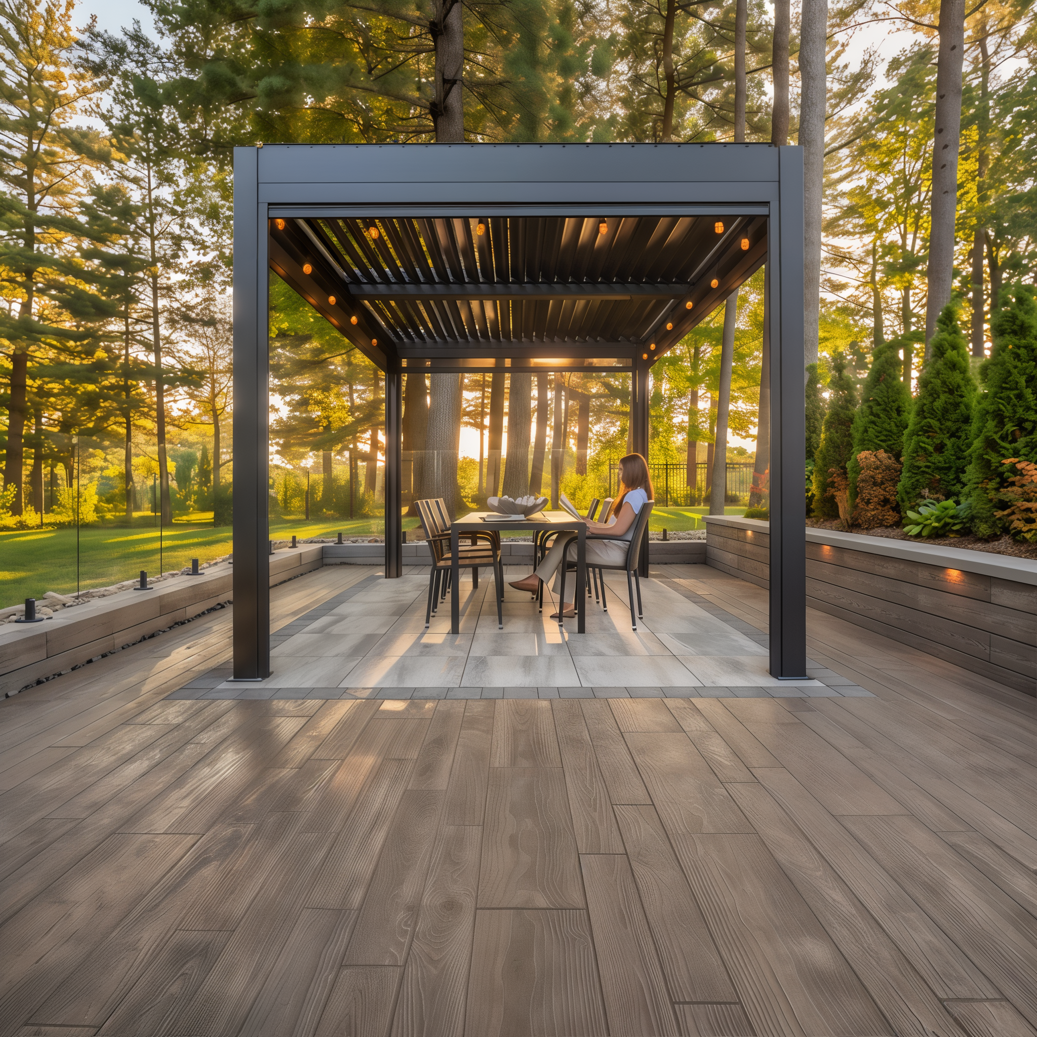 Borealis Slabs in Hazelnut Brandy forming a warm patio beneath a pergola, 5 x 30