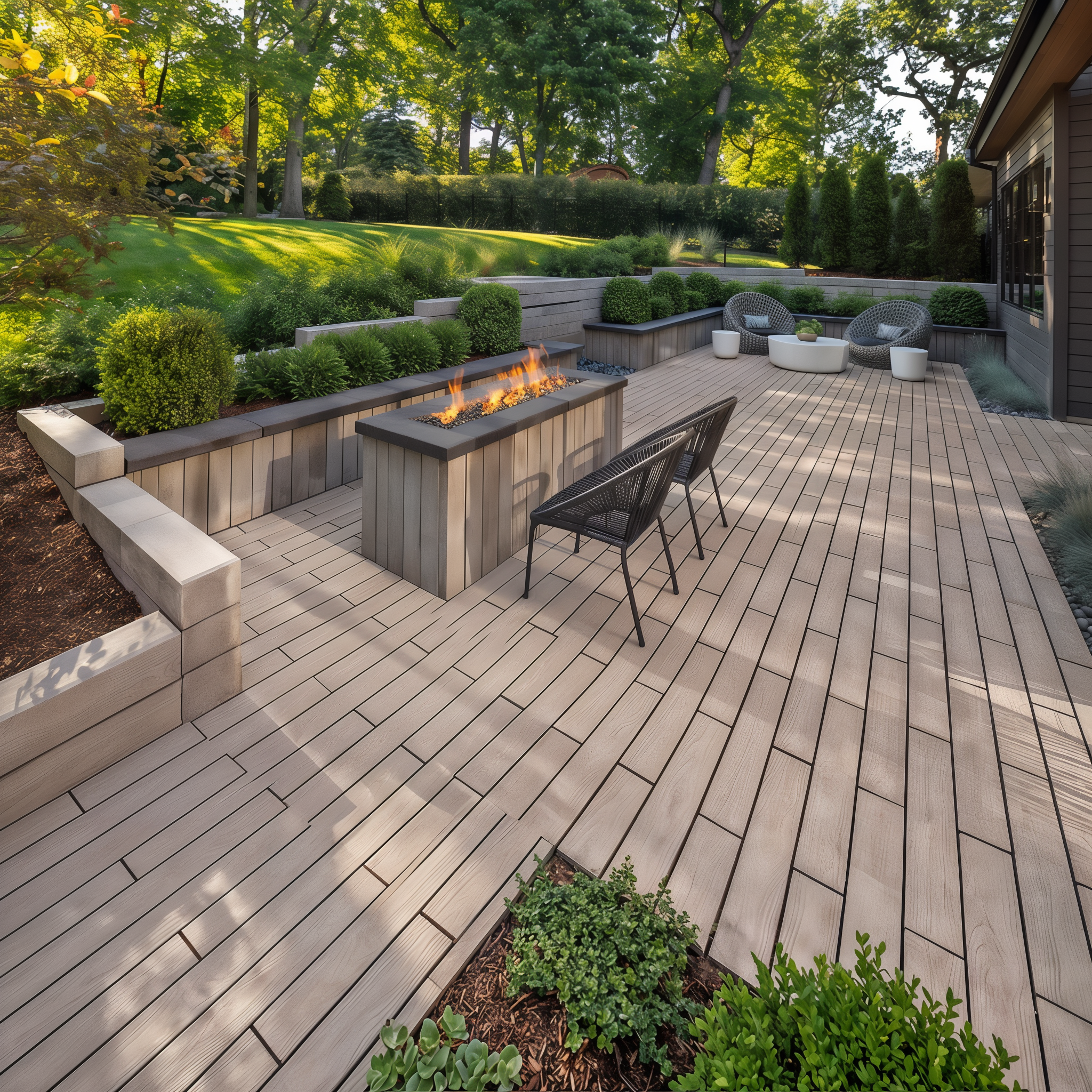 Backyard with Techo-bloc Borealis Hazelnut Brandy patio slabs, 10 x 30