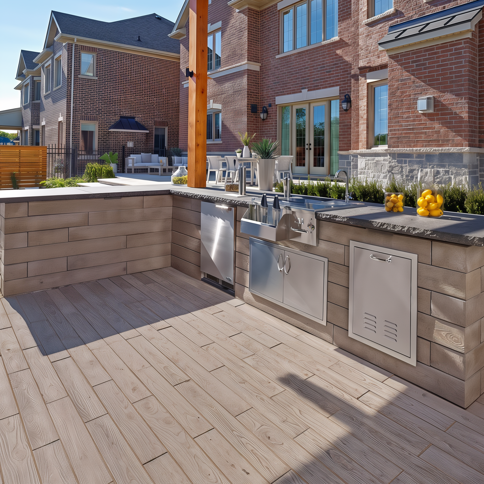 Outdoor kitchen featuring Borealis Hazelnut Brandy paver slabs, 5 x 30
