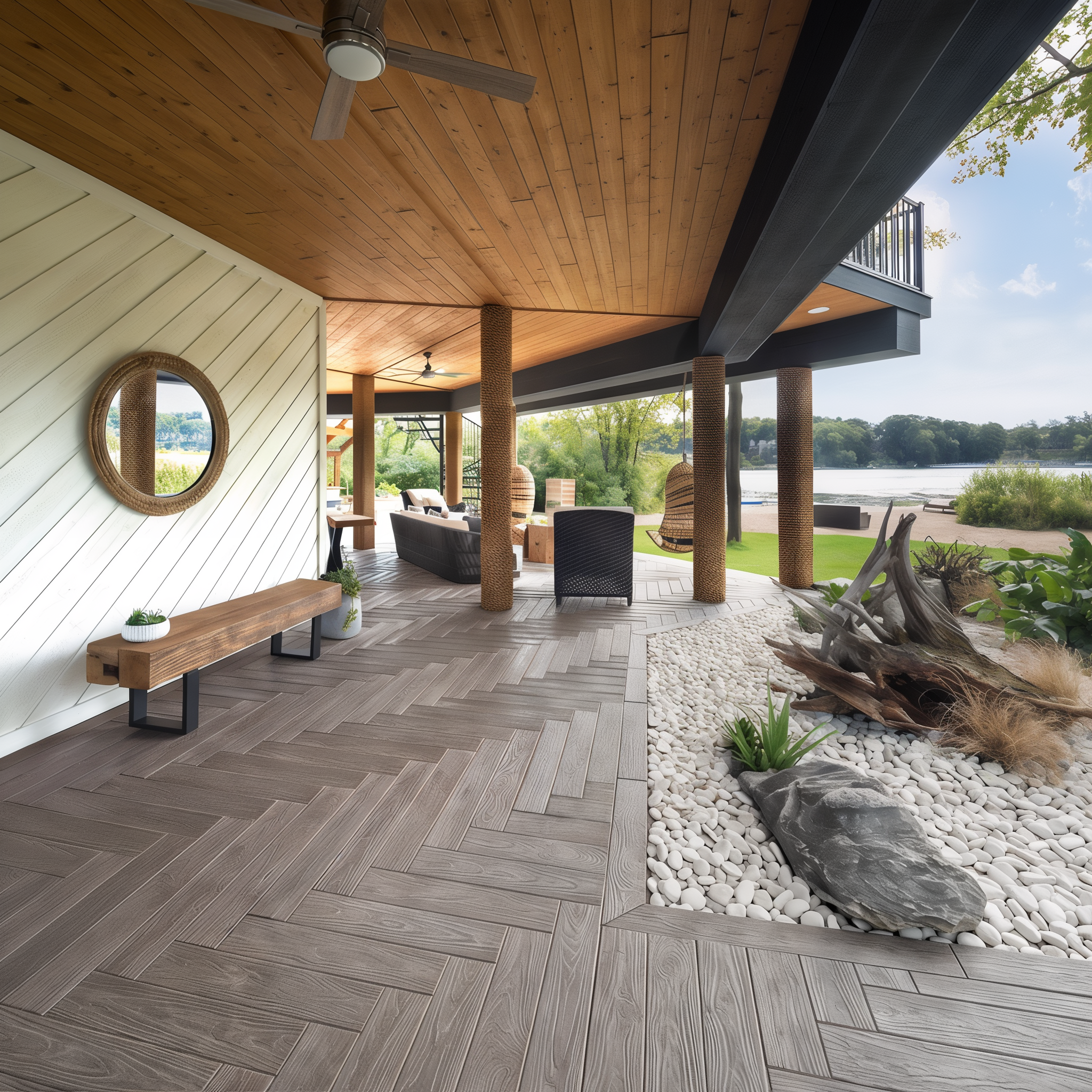 Outdoor patio showcasing Techo-Bloc Borealis Smoked Pine paver slabs, 5 x 30