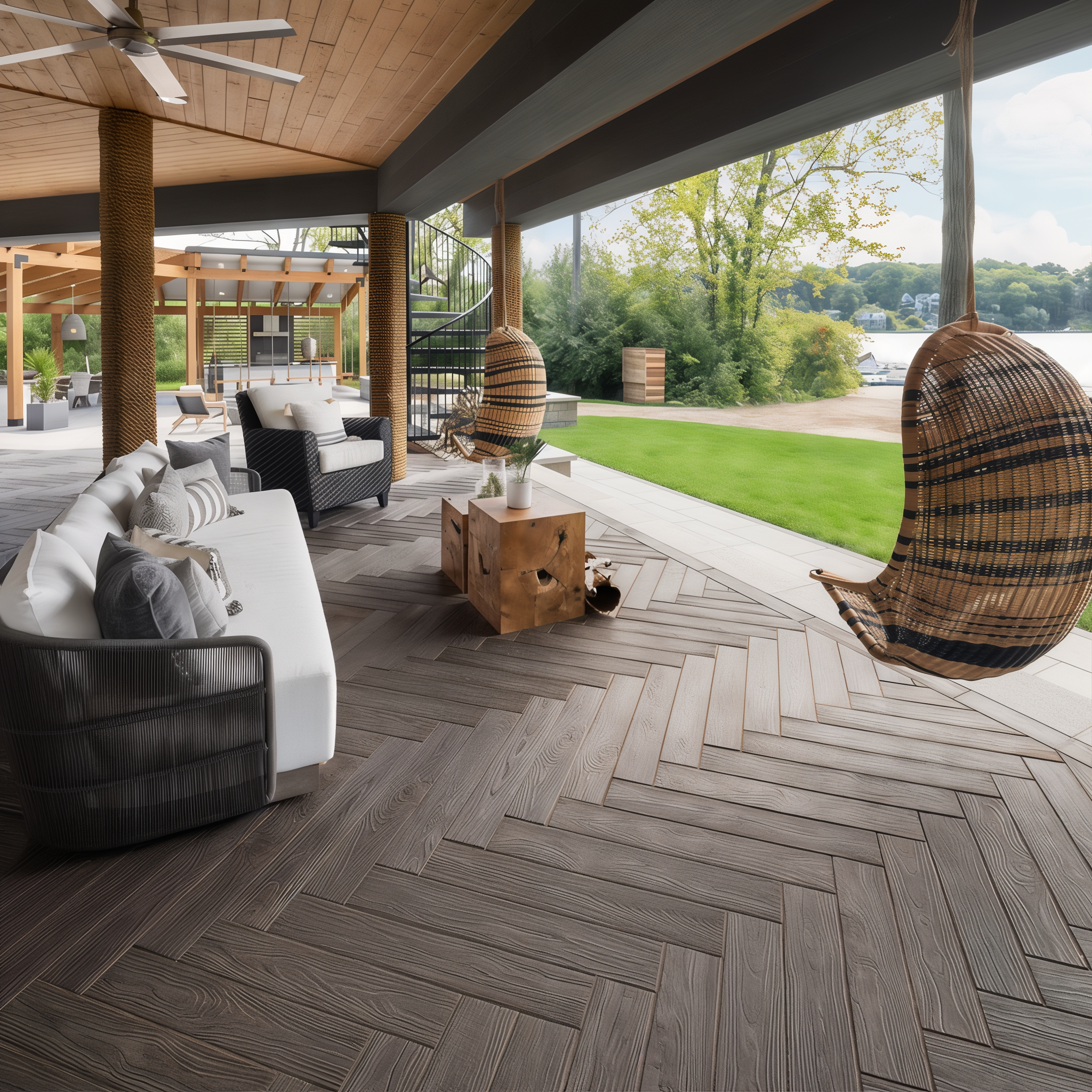 Modern outdoor patio featuring Techo-Bloc Borealis Smoked Pine paver slabs, 5 x 30