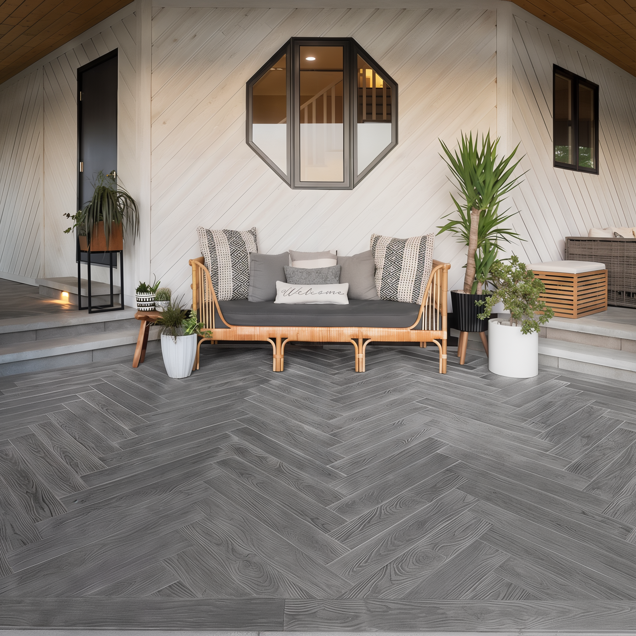 Contemporary outdoor patio with Techo-Bloc Borealis Smoked Pine paver slabs, 5 x 30