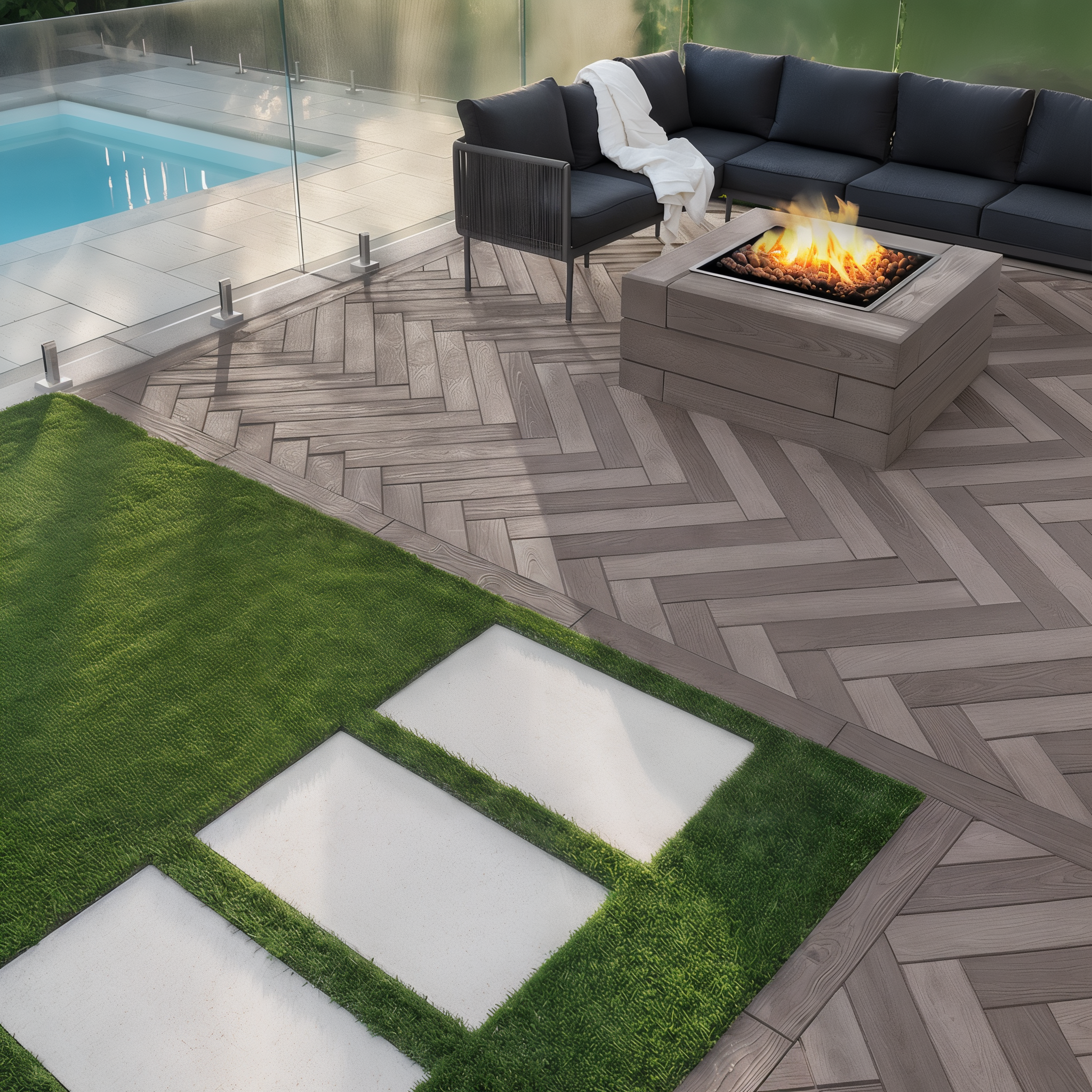 Modern poolside patio with Borealis Smoked Pine and Hazelnut Brandy paver slabs, 5 x 30