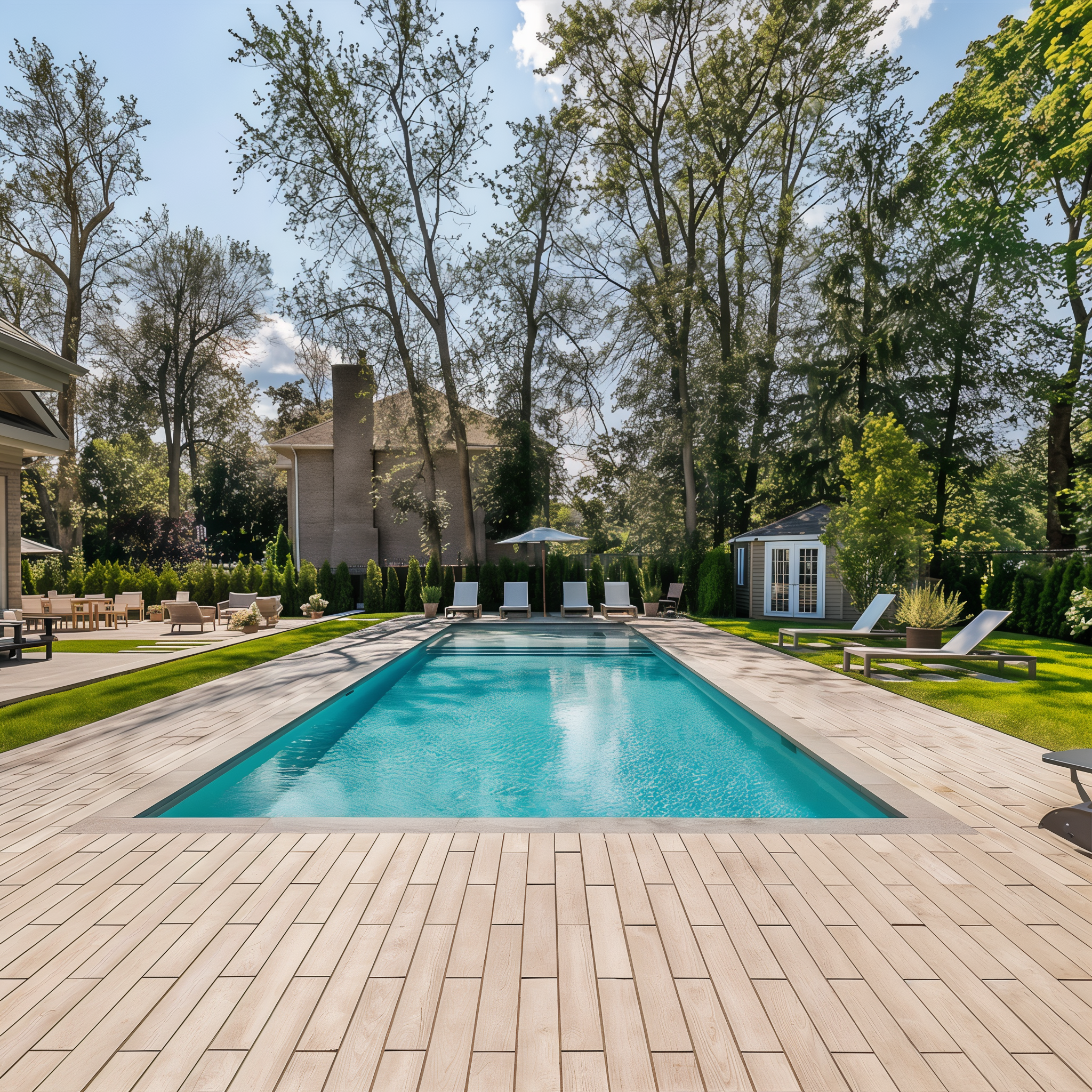 Outdoor pool area with Borealis Hazelnut Brandy patio slabs, 5 x 30