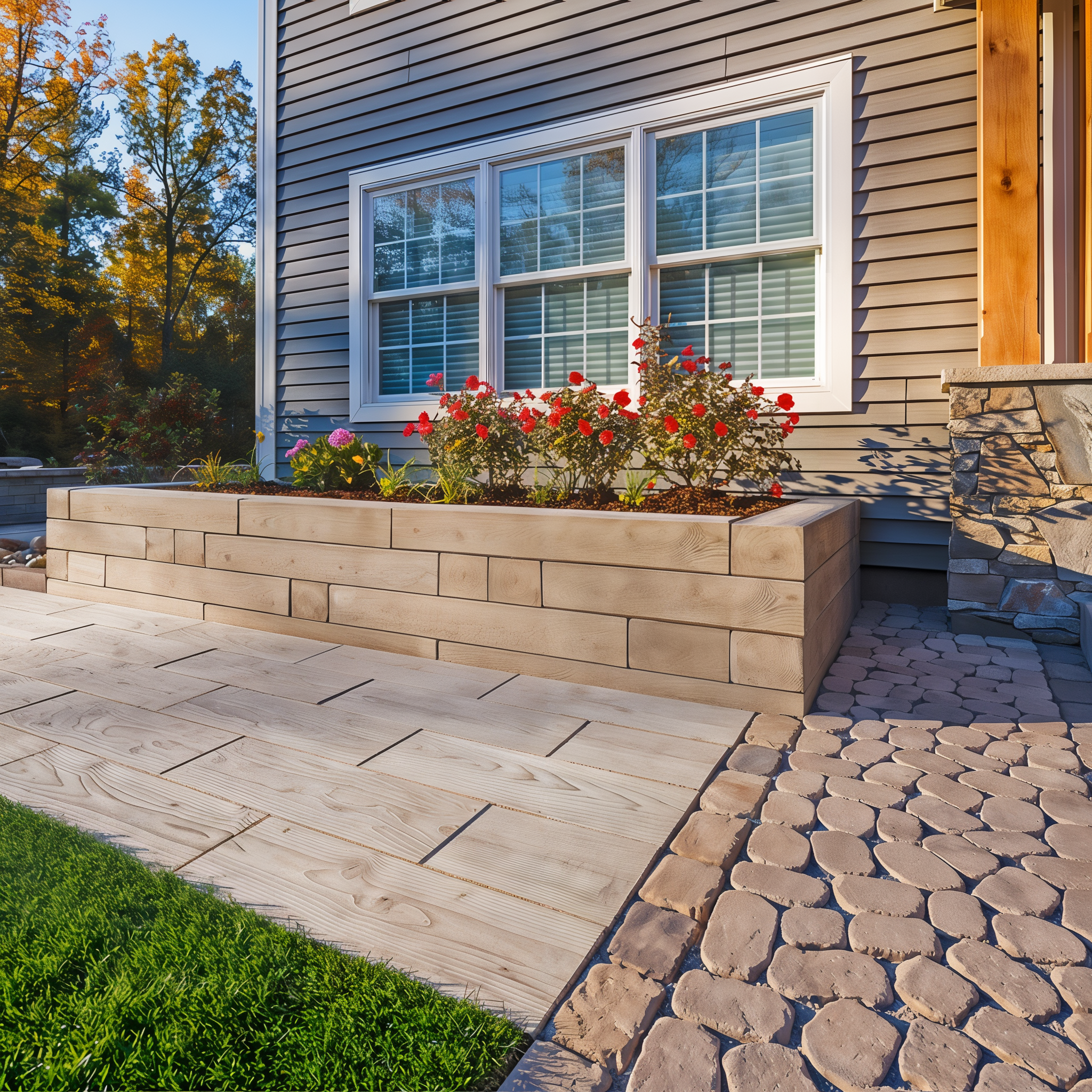 Outdoor patio featuring Techo-Bloc Borealis Hazelnut Brandy paver slabs, 5 x 30