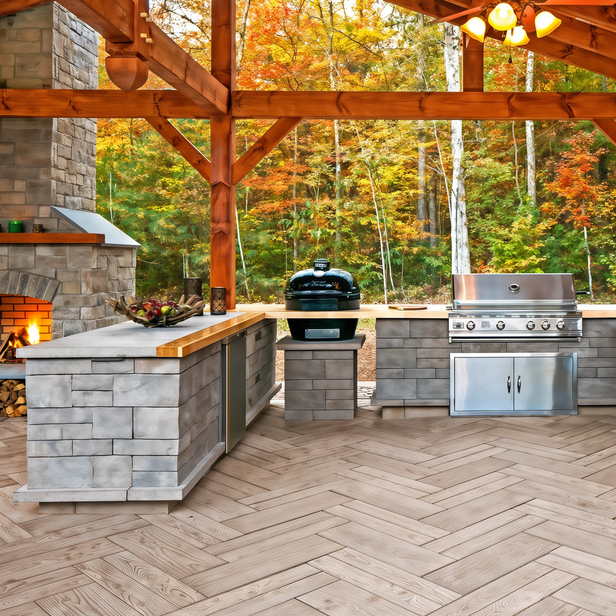 Brandon Wall Champlain Grey outdoor kitchen with grill island.