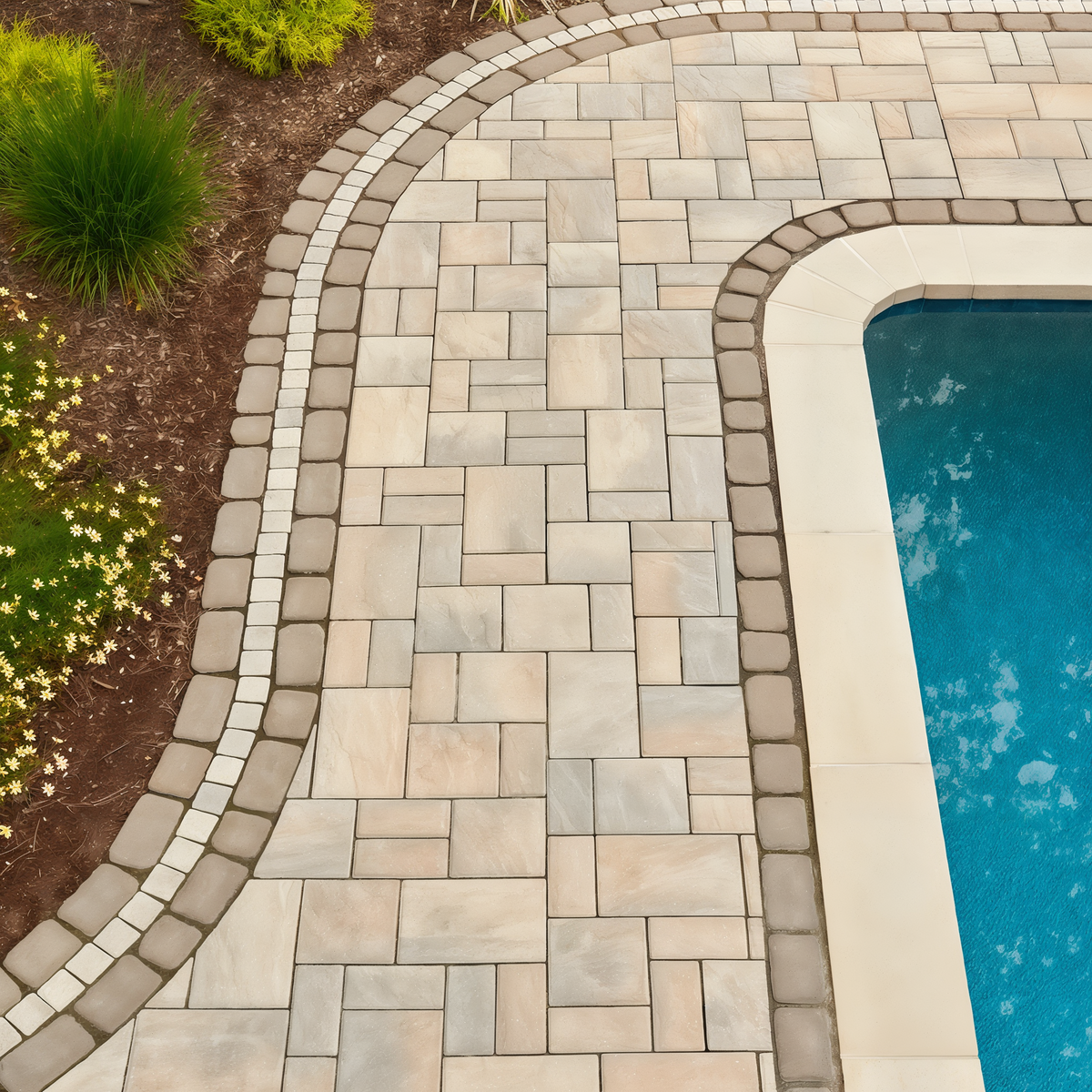 Eva Slate paver Champlain Grey poolside patio arranged in a.