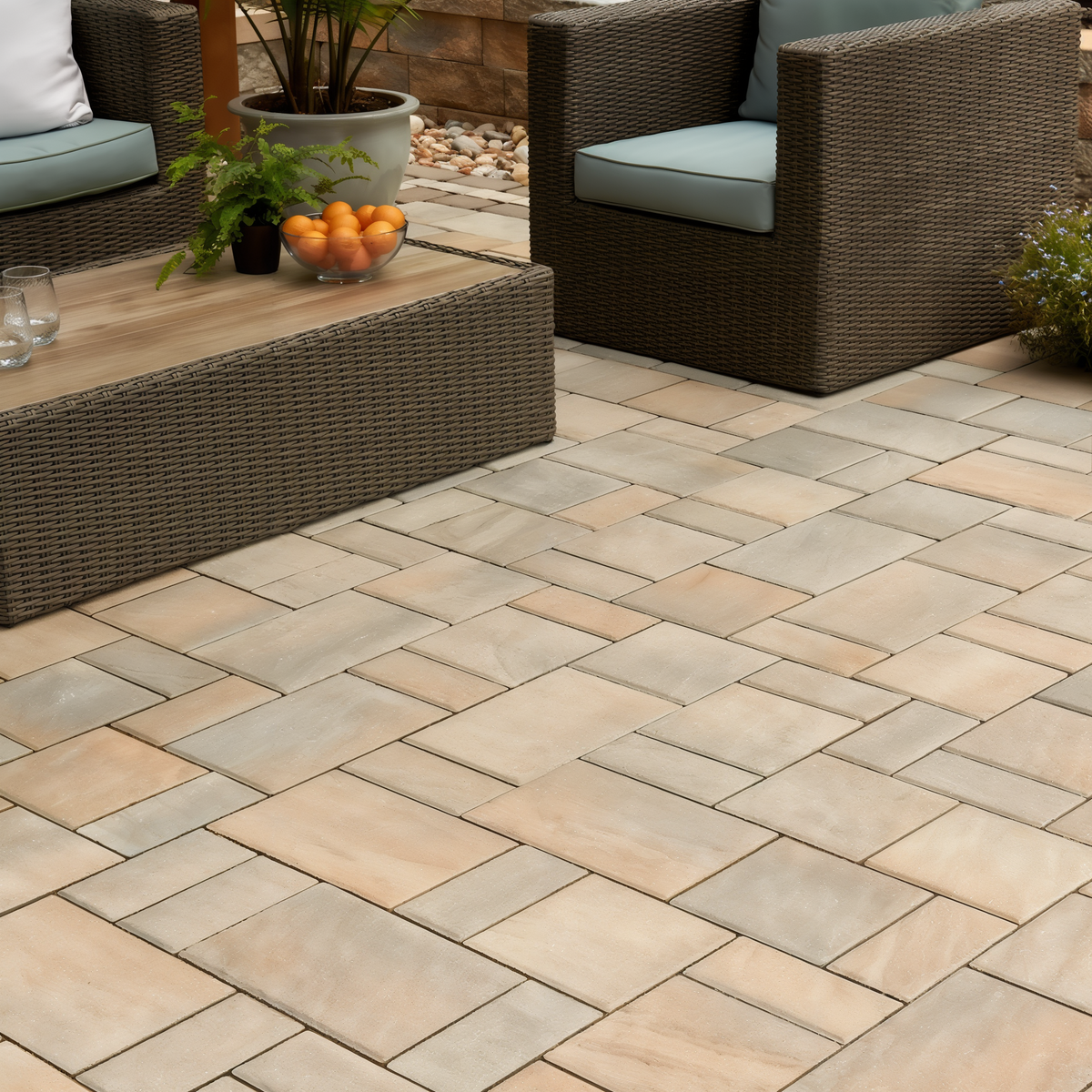 Eva Slate paver Champlain Grey patio installed under woven o.
