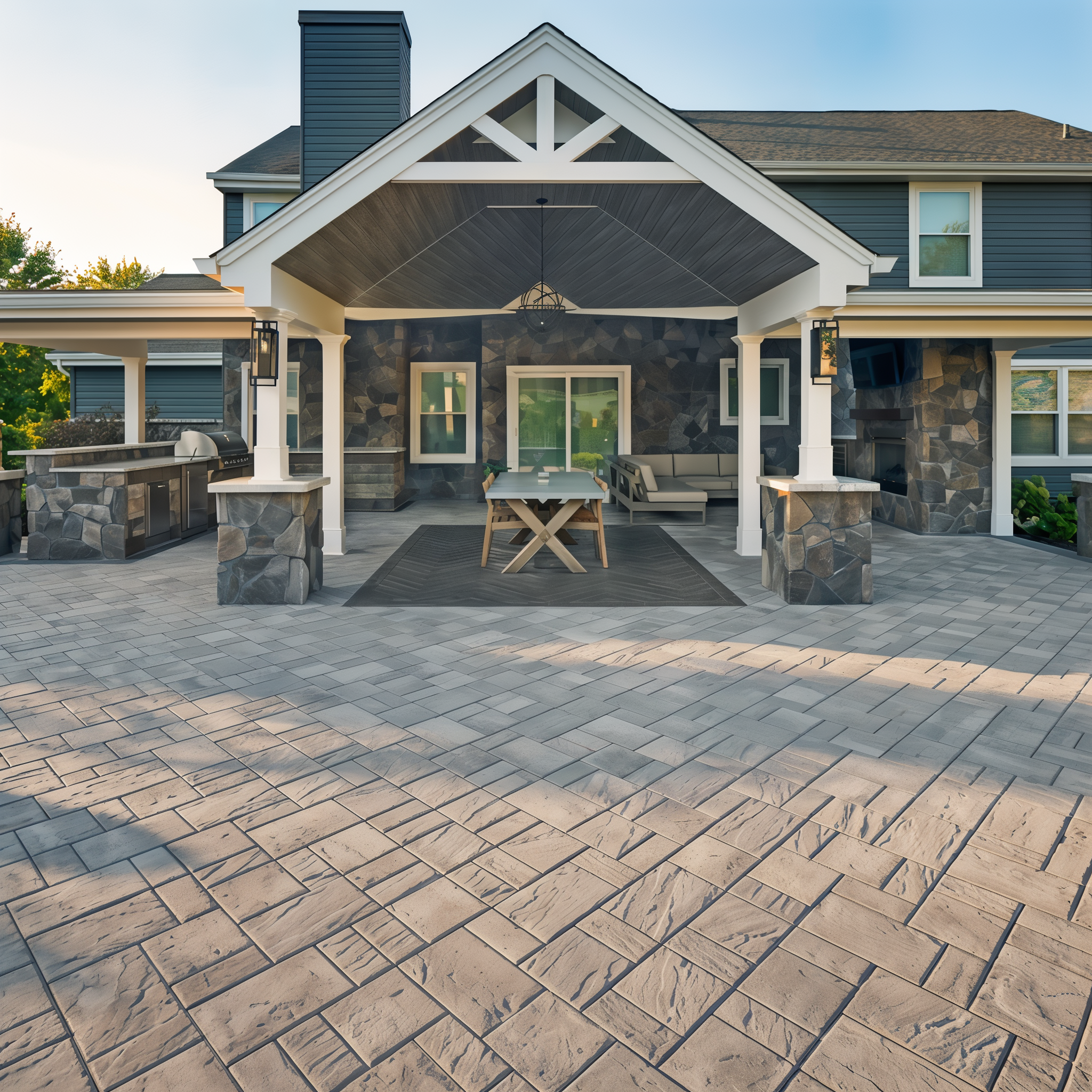 Eva Slate paver by Techo-bloc in shale grey on walkway Chestnut Brown Slate modular size #Chestnut Brown / Slate#Modular Size