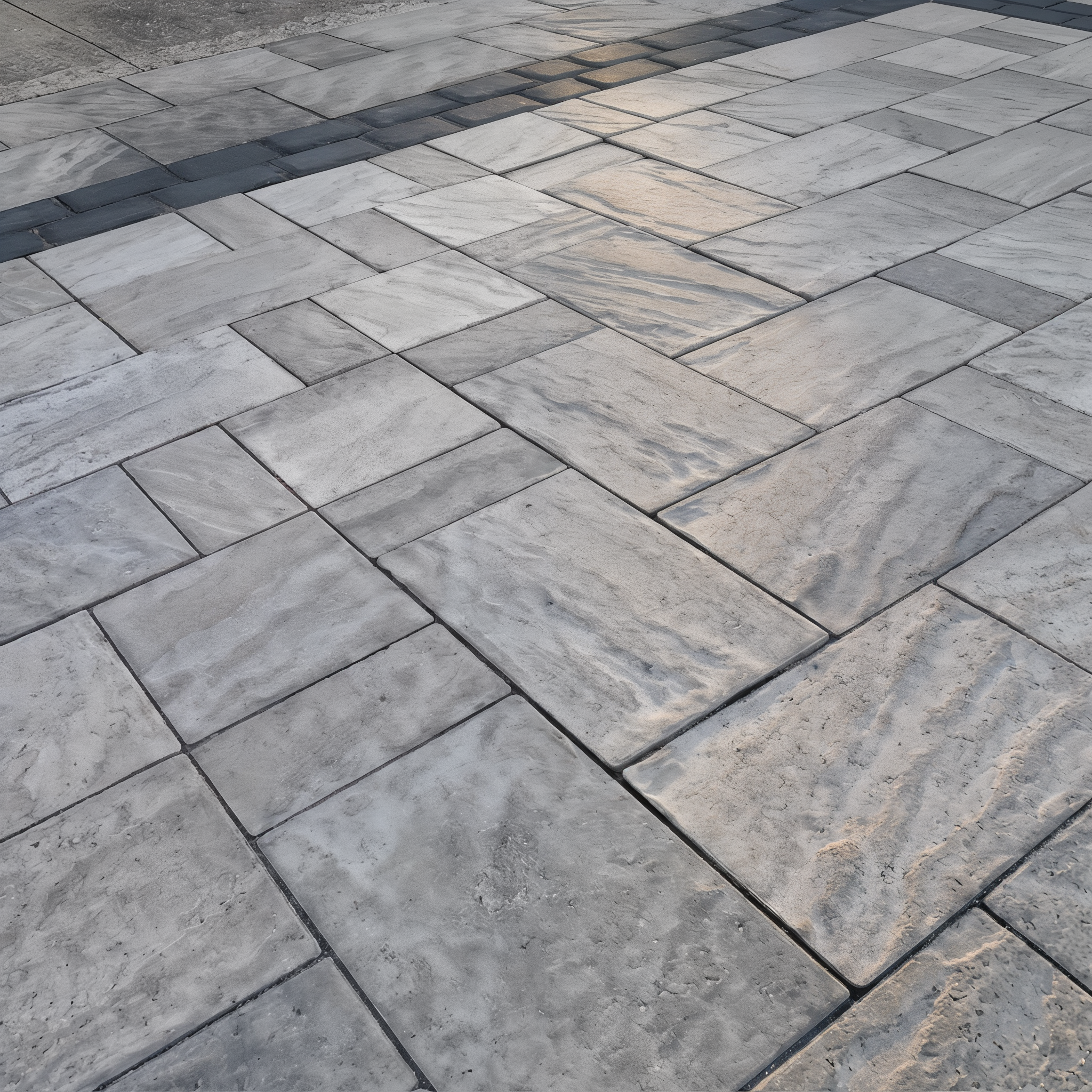 Close-up of Eva Slate Shale Grey driveway pavers, surface and joint lines, Sandlewood Slate modular size
