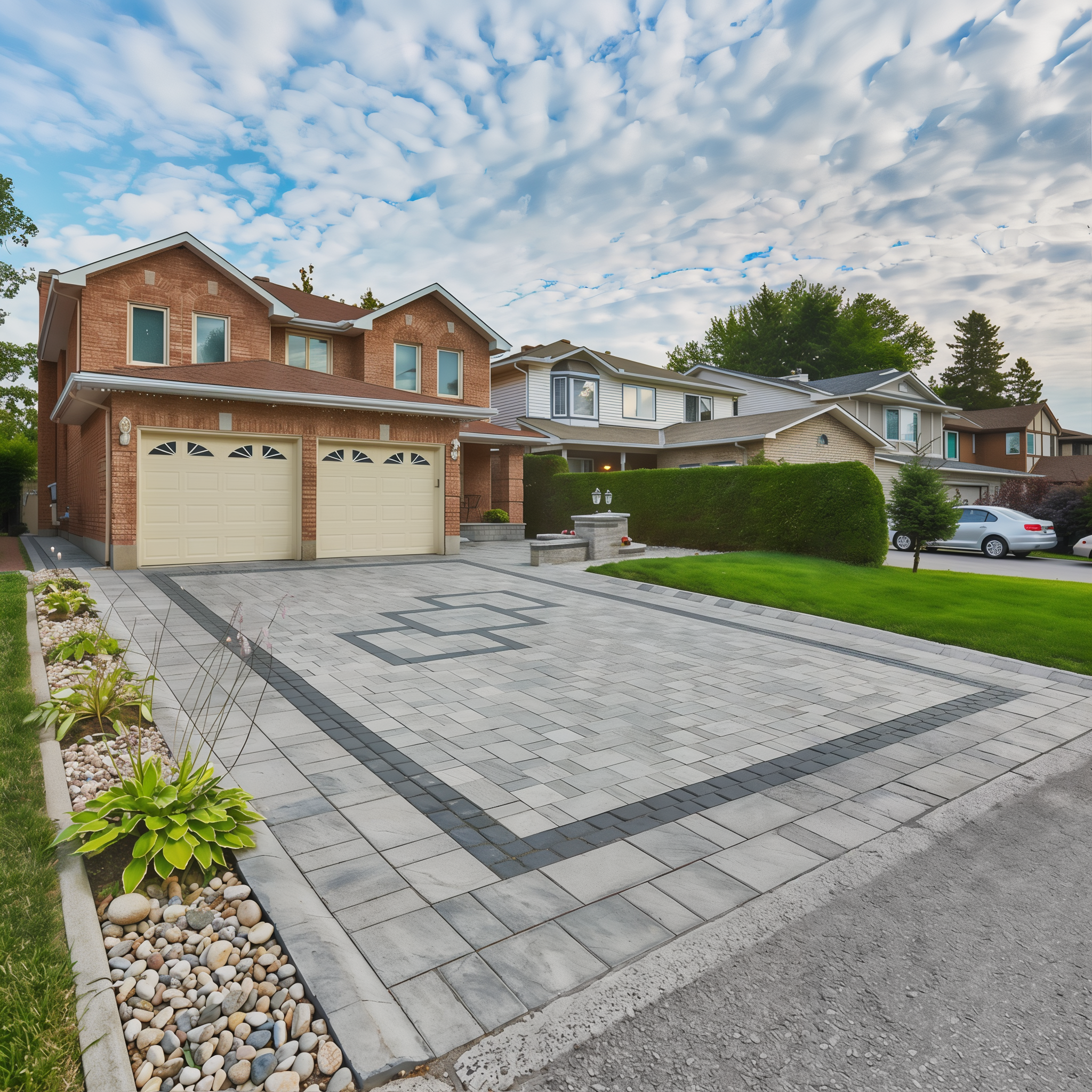 Eva Slate Shale Grey driveway pavers with dark border inlay, Shale Grey Slate modular size