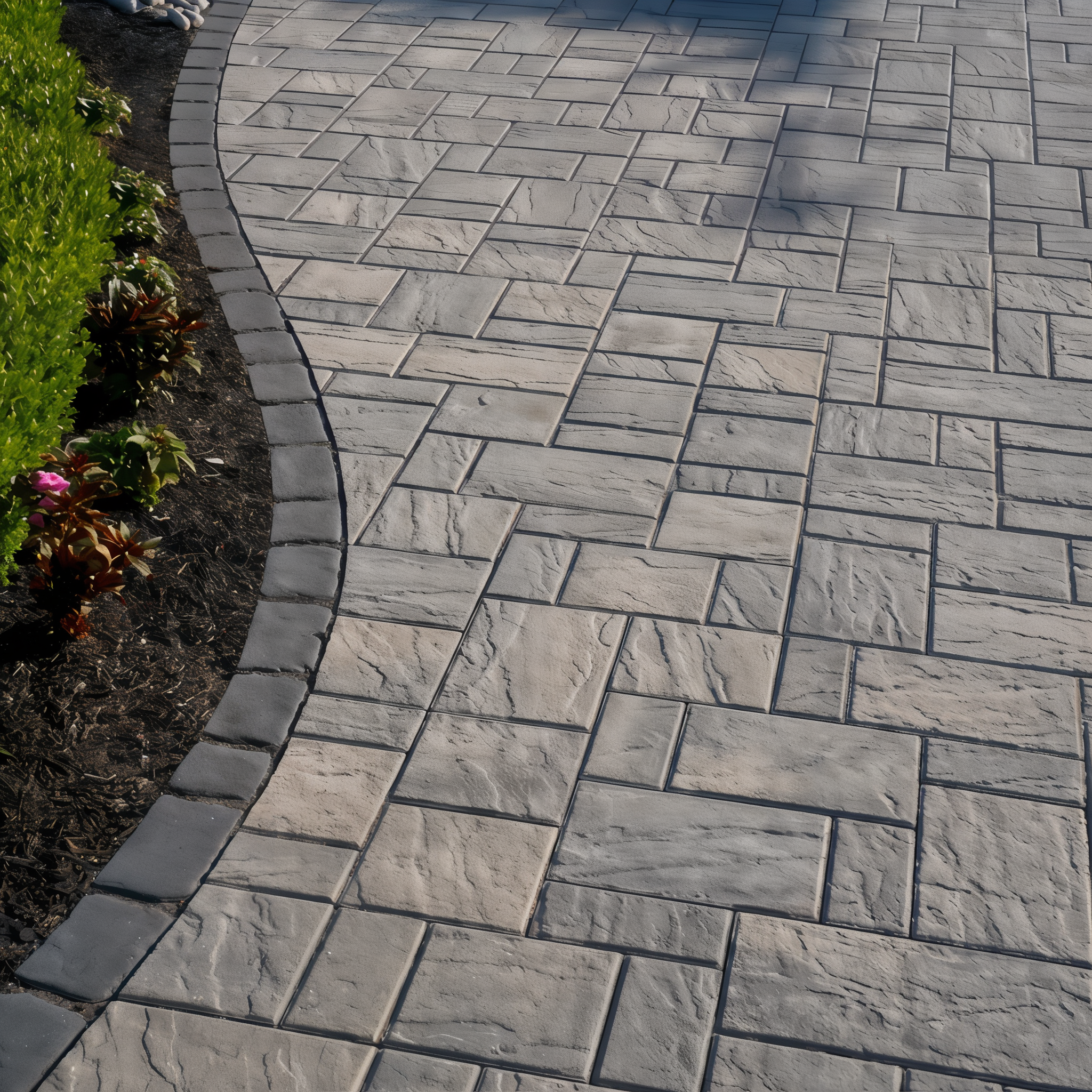 Eva Slate Shale Grey paver walkway with curved border, Chestnut Brown Slate modular size