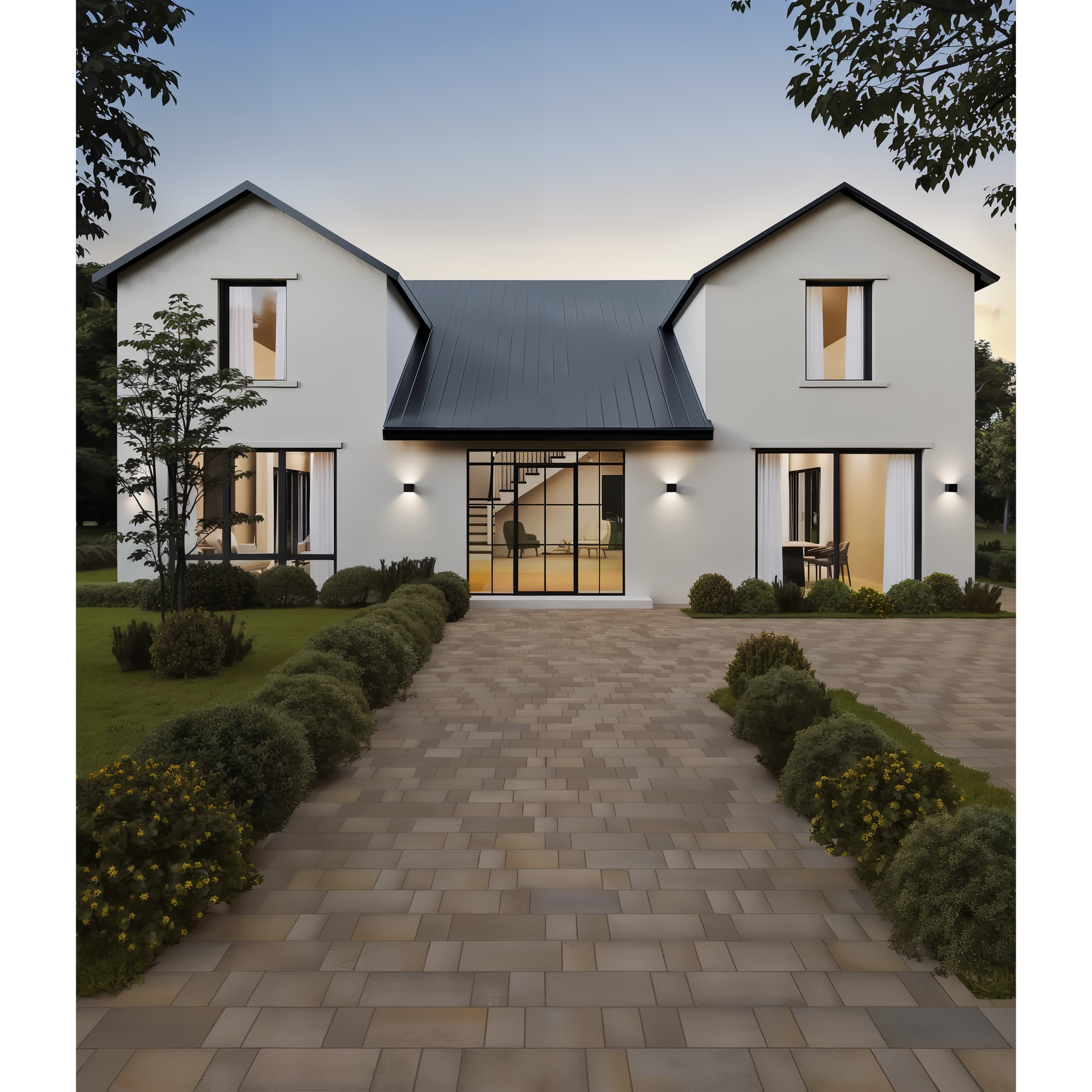 Eva Smooth Champlain Grey pavers in a modern driveway, Onyx Black color and modular size.
