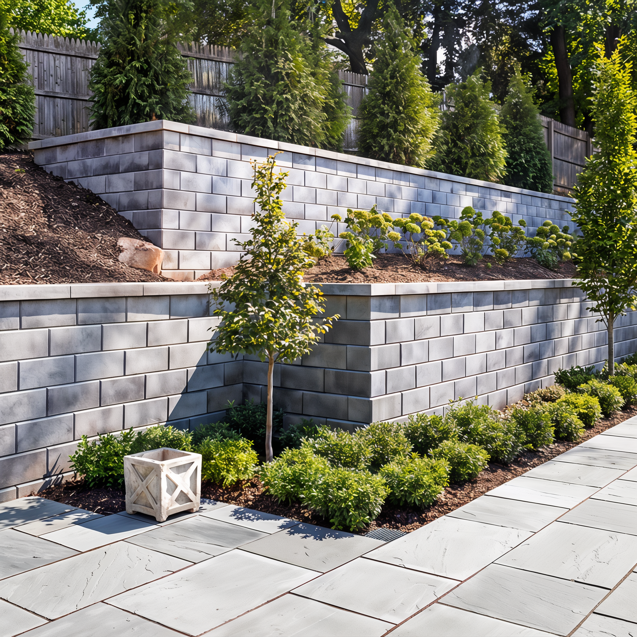 Techo-Bloc G-Force Wall in Shale Grey, adding a modern garden edge.