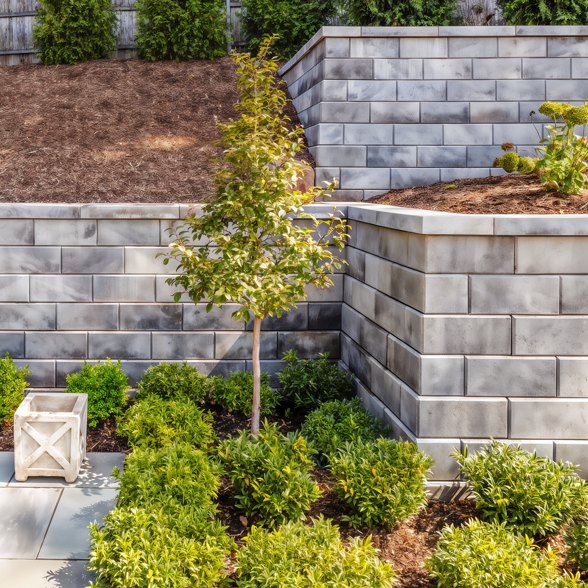 G-Force Wall retaining wall corner in Shale Grey at a landscaped garden edge.