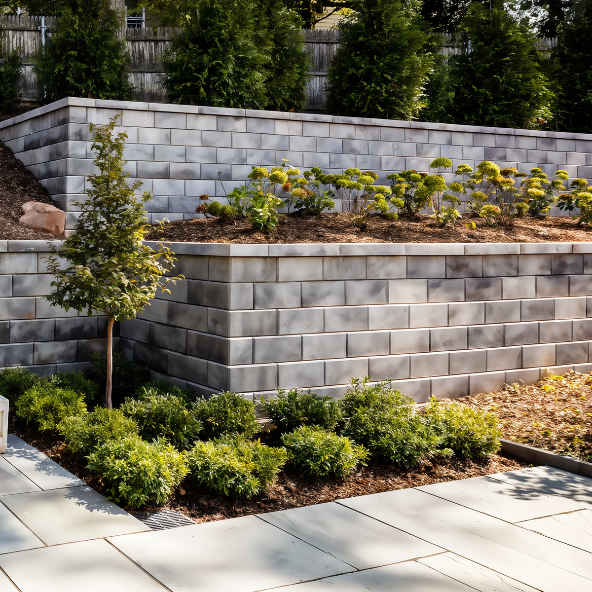 G-Force Wall in Shale Grey with tiered garden beds.