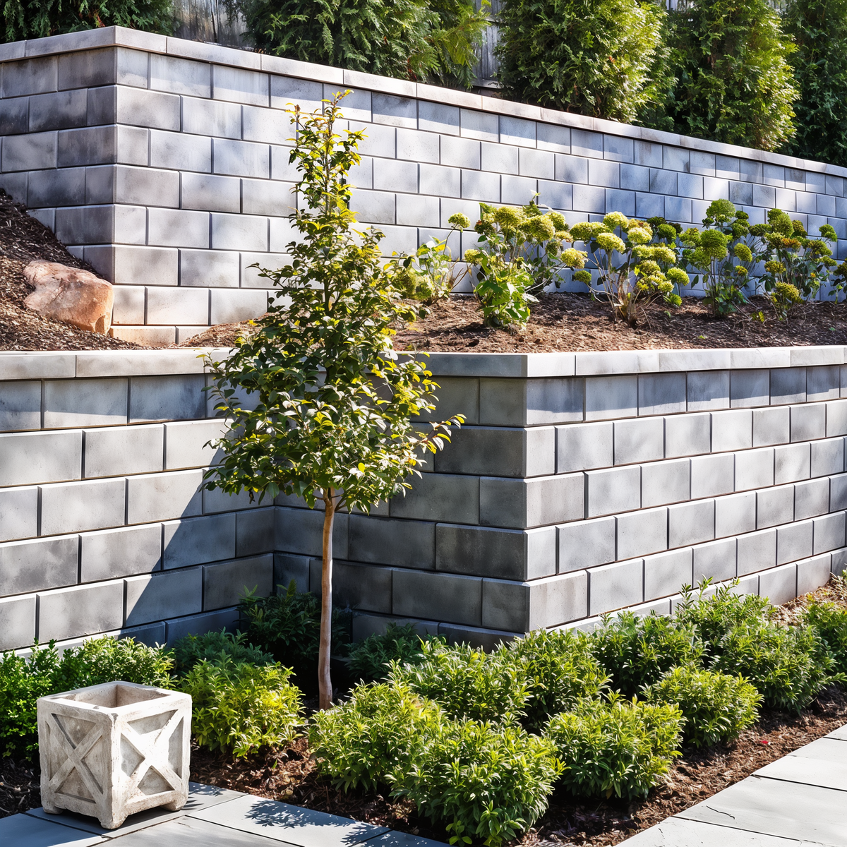 G-Force Wall in Shale Grey forming a tiered retaining wall with planting beds.