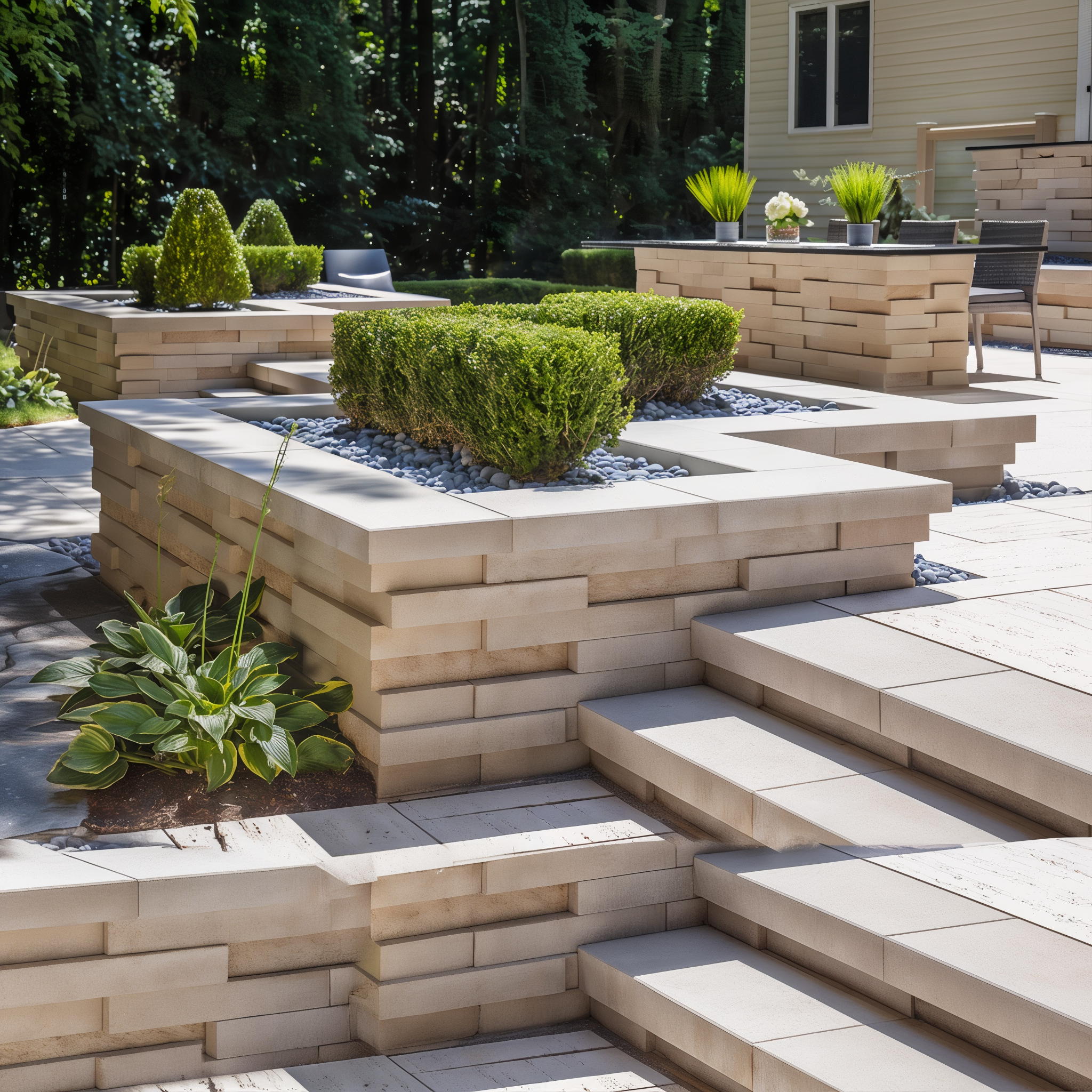 Graphix Wall by Techo-Bloc in Beige Cream on a patio.