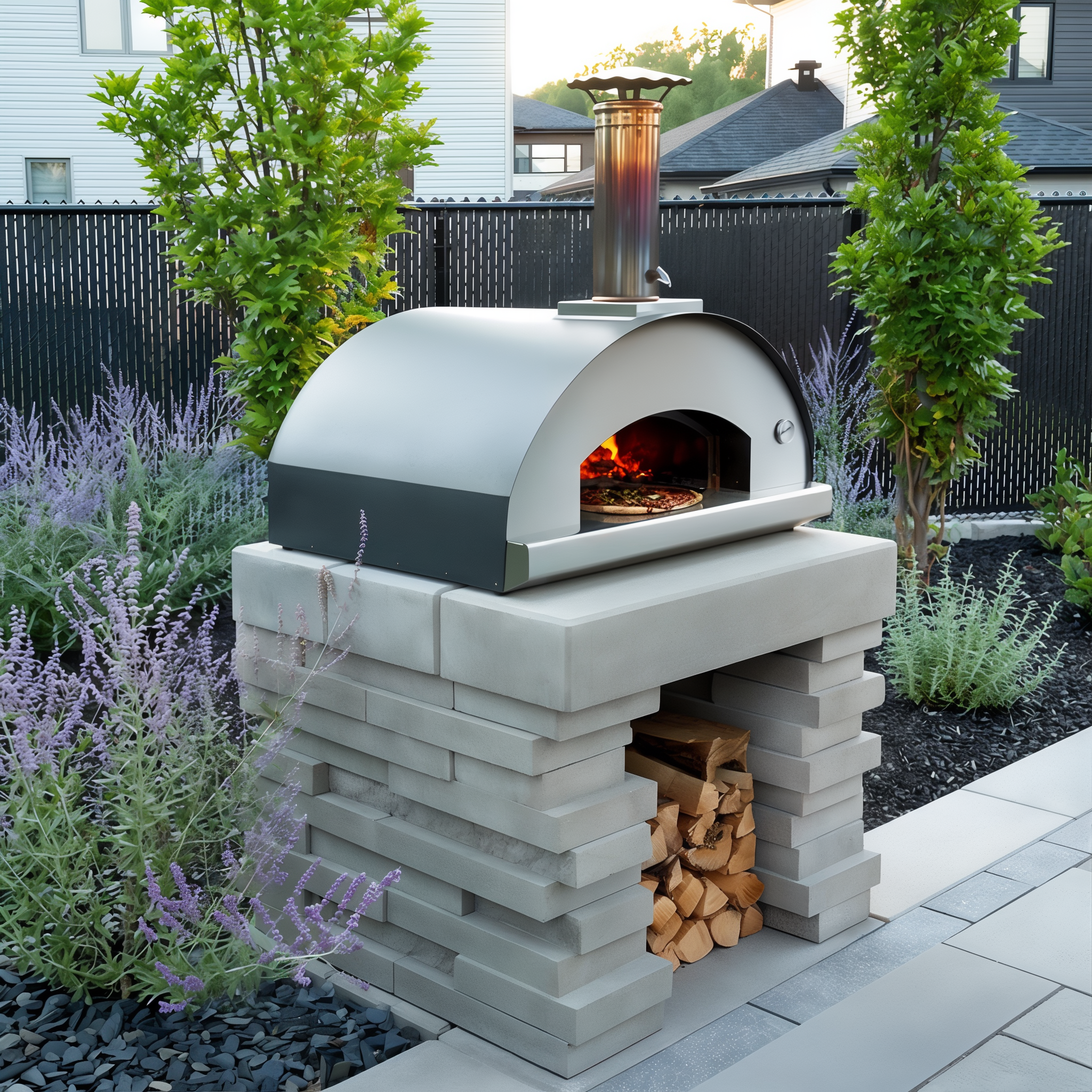 Graphix Wall by Techo-Bloc in Greyed Nickel defining an elegant patio.
