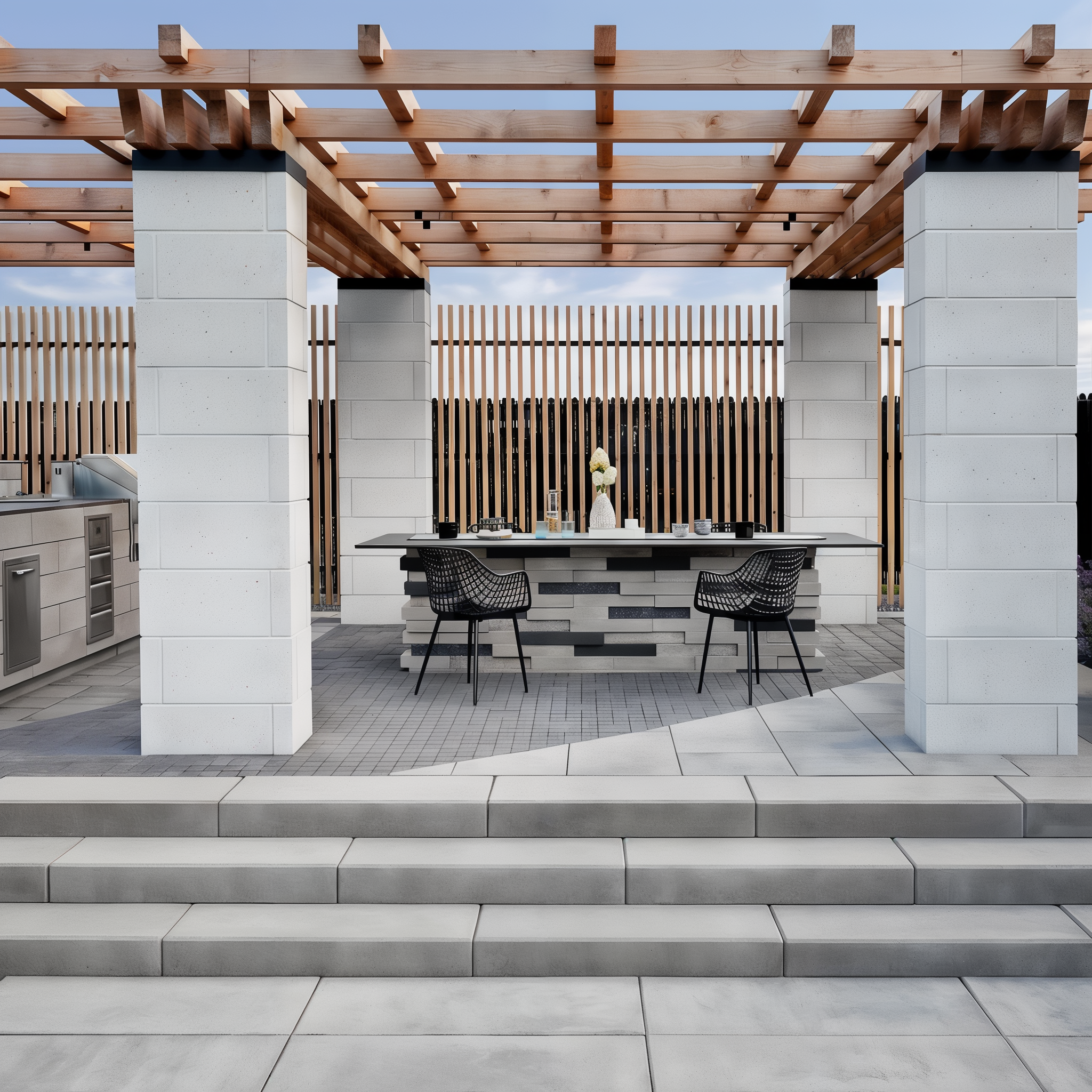 Graphix Wall by Techo-Bloc in Greyed Nickel on a patio.