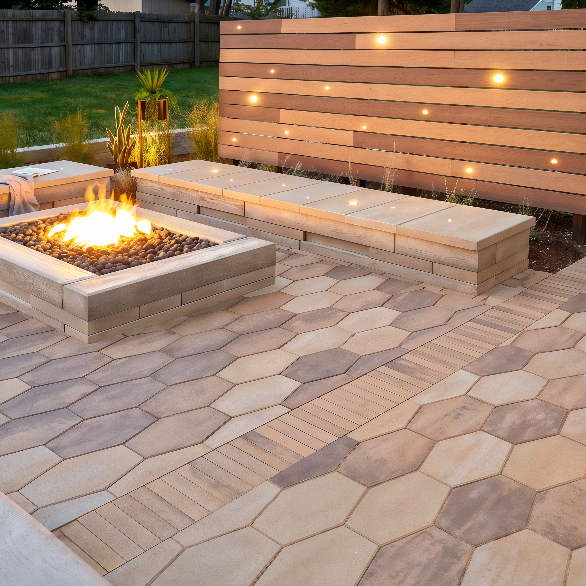Hexa 60 Slabs in beige cream color on an outdoor patio (Caffè Crema, HD² Smooth, Single Size)