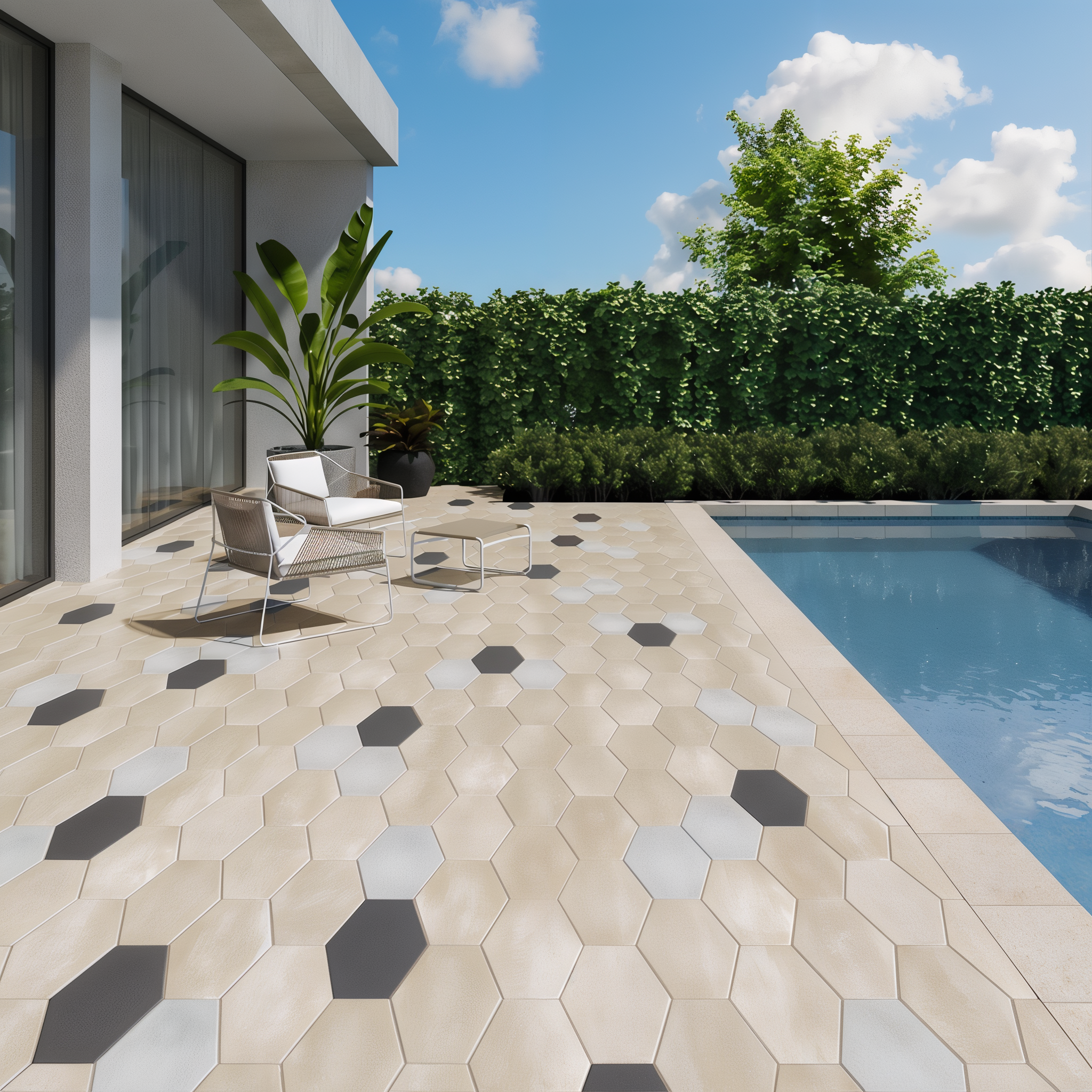 Hexa 60 Slabs in onyx black and beige cream on an outdoor patio (Caffè Crema, HD² Smooth, Single Size)