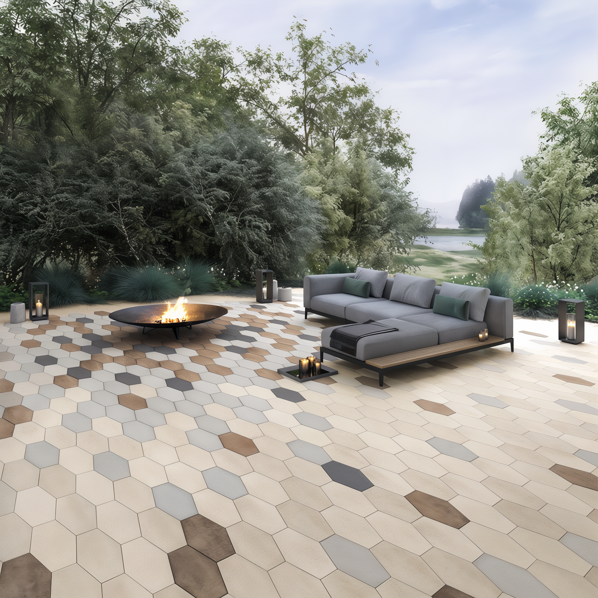Hexa 60 Slabs in beige cream color on an outdoor patio (Caffè Crema, HD² Smooth, Single Size)