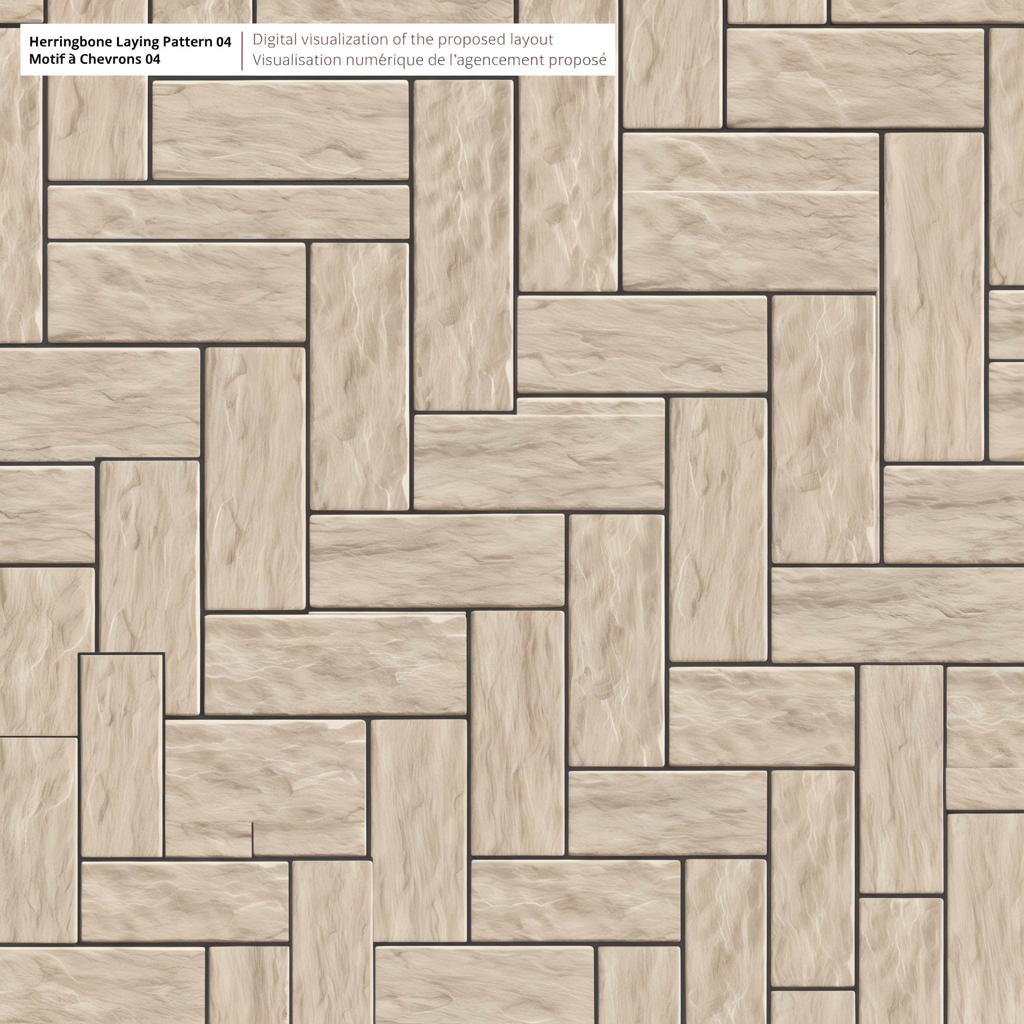 Digitally rendered Mika HD² paver by Techo-Bloc in Ivory in a herringbone driveway pattern – Rock Garden Brown Klean-Bloc Slate Single Size