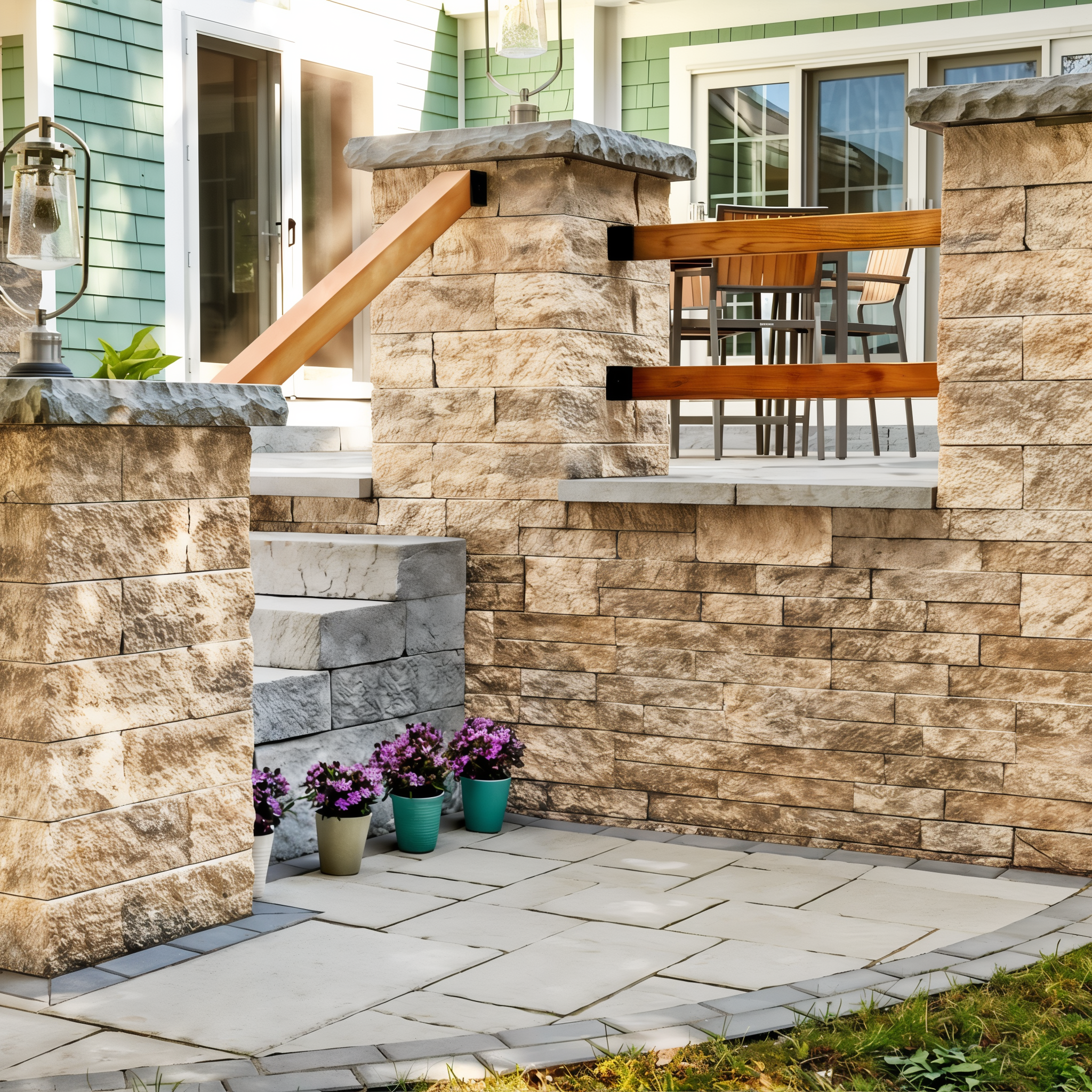 Techo-Bloc Mini-Creta Architectural Wall Caffè Crema seating wall accenting a backyard patio.