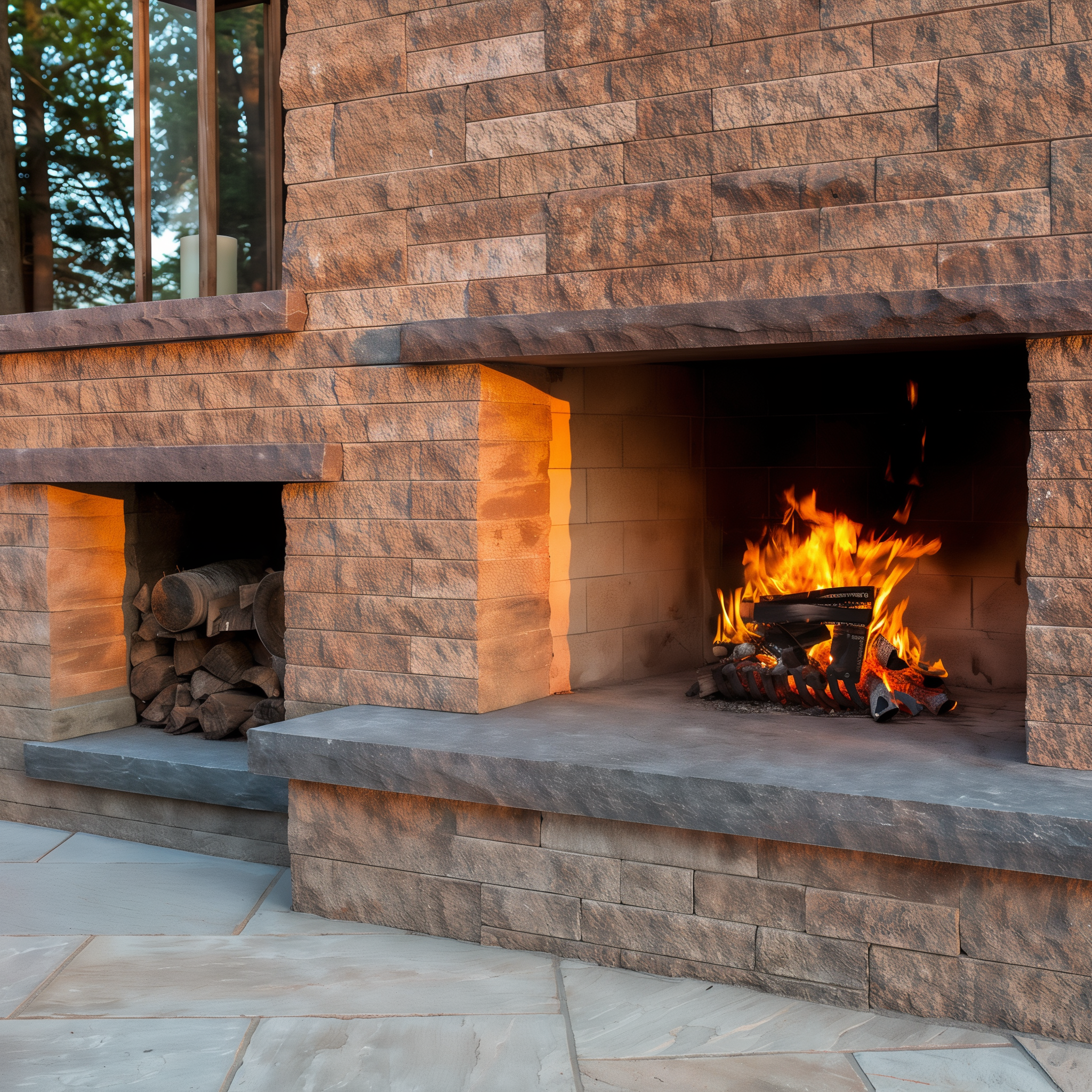 Techo-Bloc Mini-Creta Architectural Walls in Champlain Grey on a patio.
