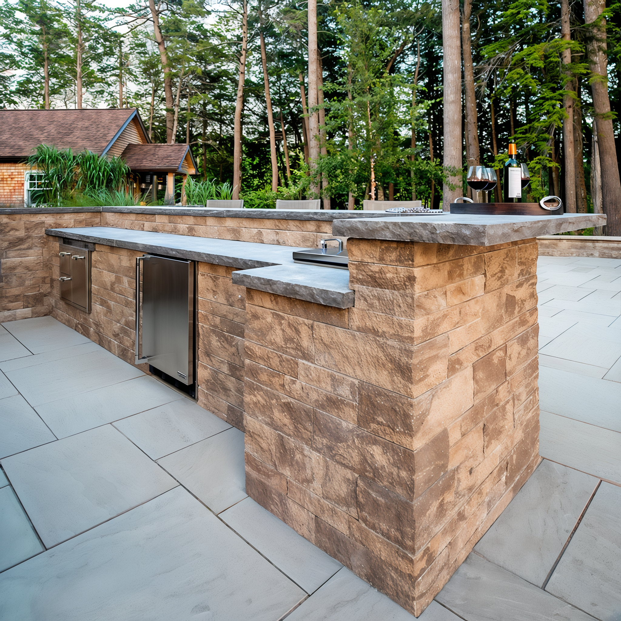 Mini-Creta Architectural Walls in Champlain Grey used in an outdoor kitchen. #Chestnut Brown / Split#Pillar