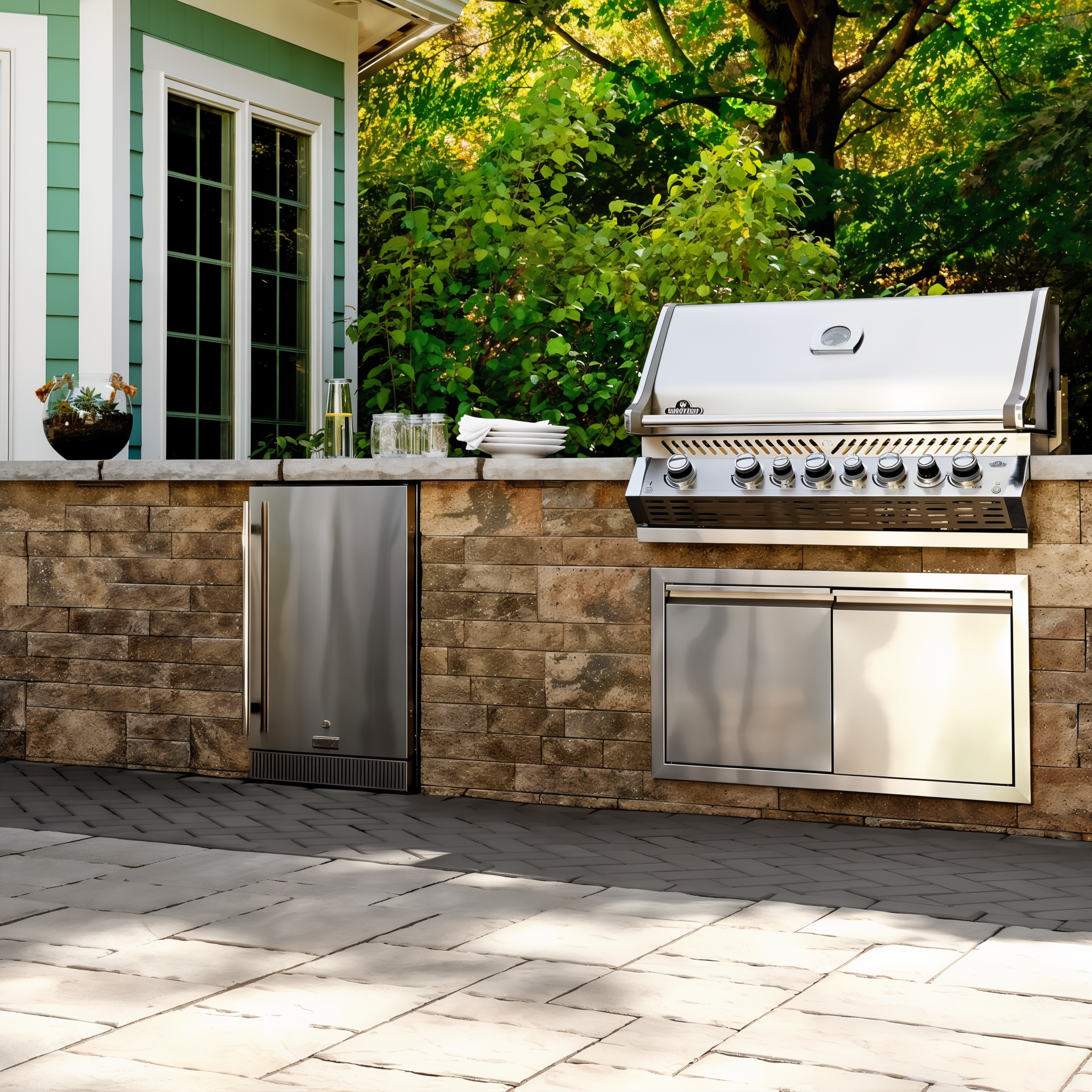 Techo-Bloc Mini-Creta Architectural Wall Sandlewood wall and pillar in a landscaped setting.