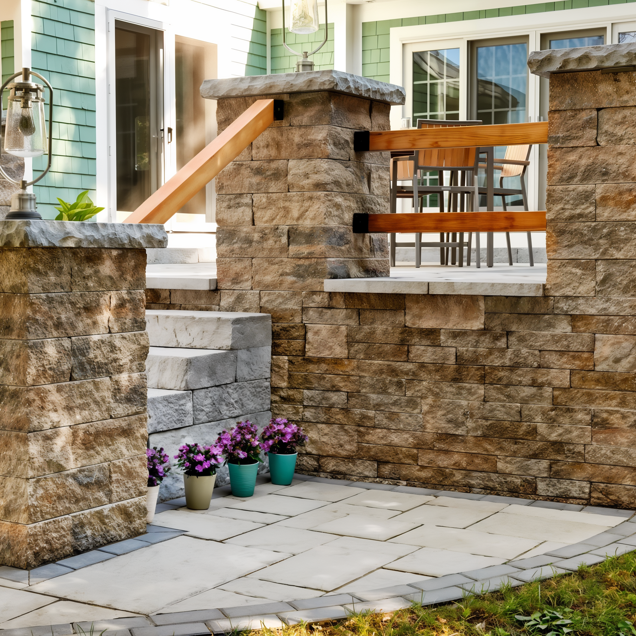 Techo-Bloc Mini-Creta Architectural Wall Sandlewood seating wall accenting a backyard patio.