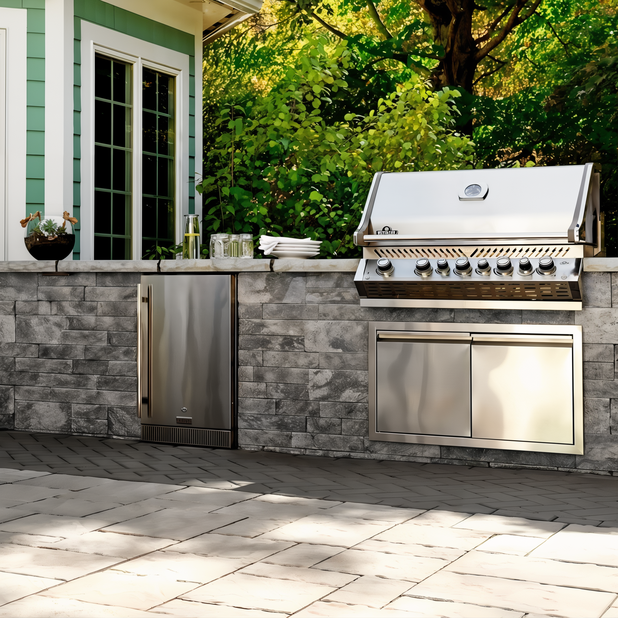 Techo-Bloc Mini-Creta Architectural Wall Shale Grey wall and pillar in a landscaped setting.