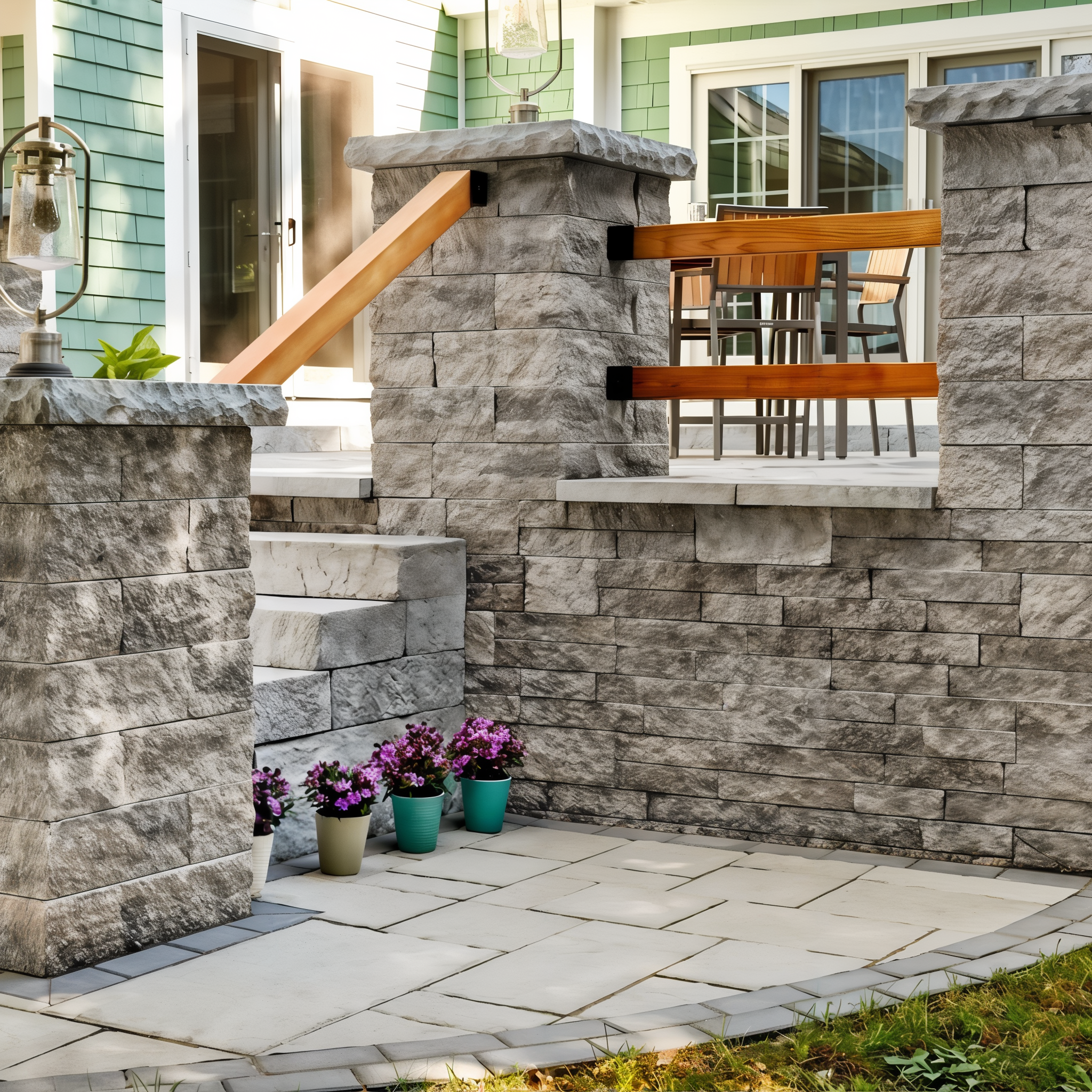 Techo-Bloc Mini-Creta Architectural Wall Champlain Grey seating wall accenting a backyard patio.