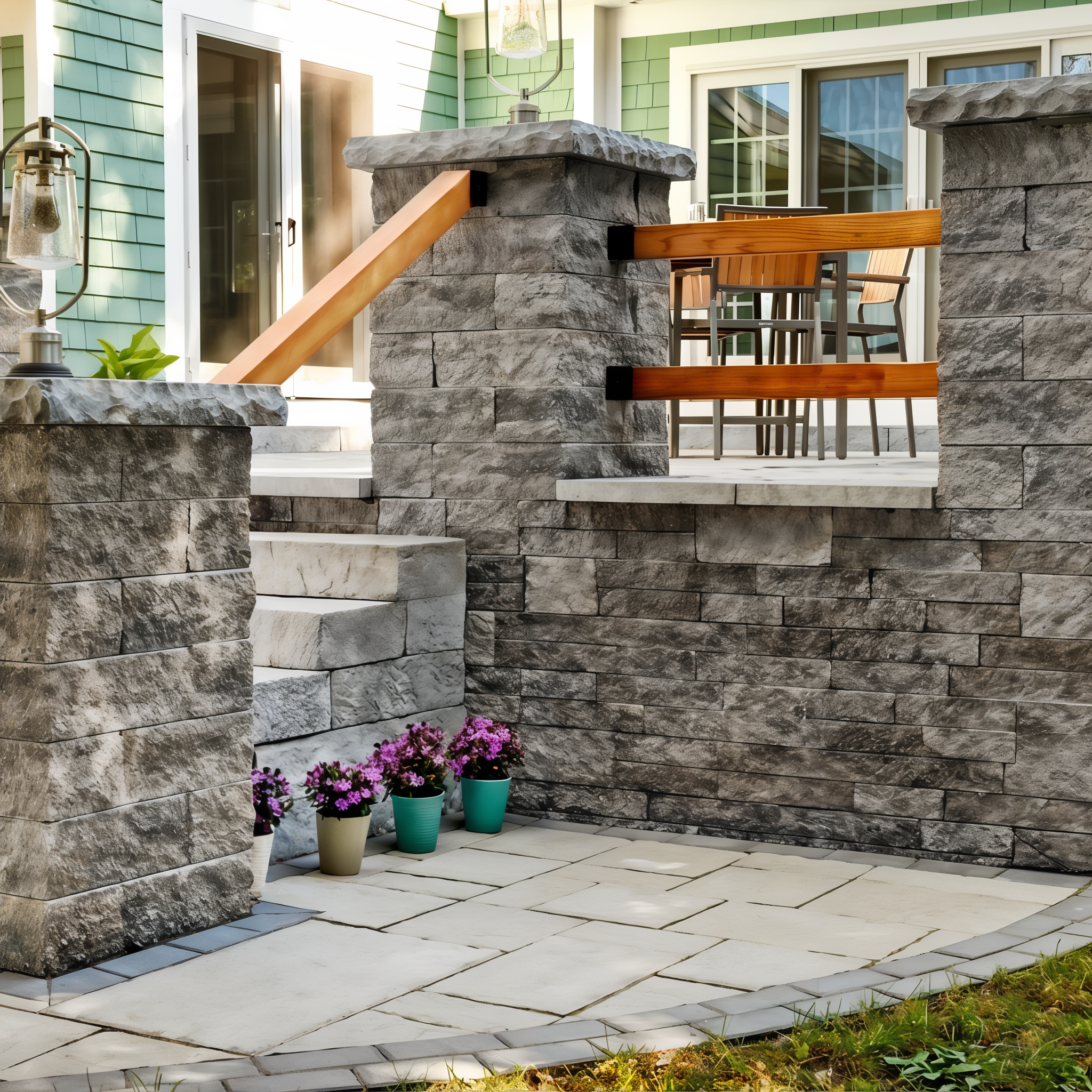 Techo-Bloc Mini-Creta Architectural Wall Greyed Nickel seating wall accenting a backyard patio.