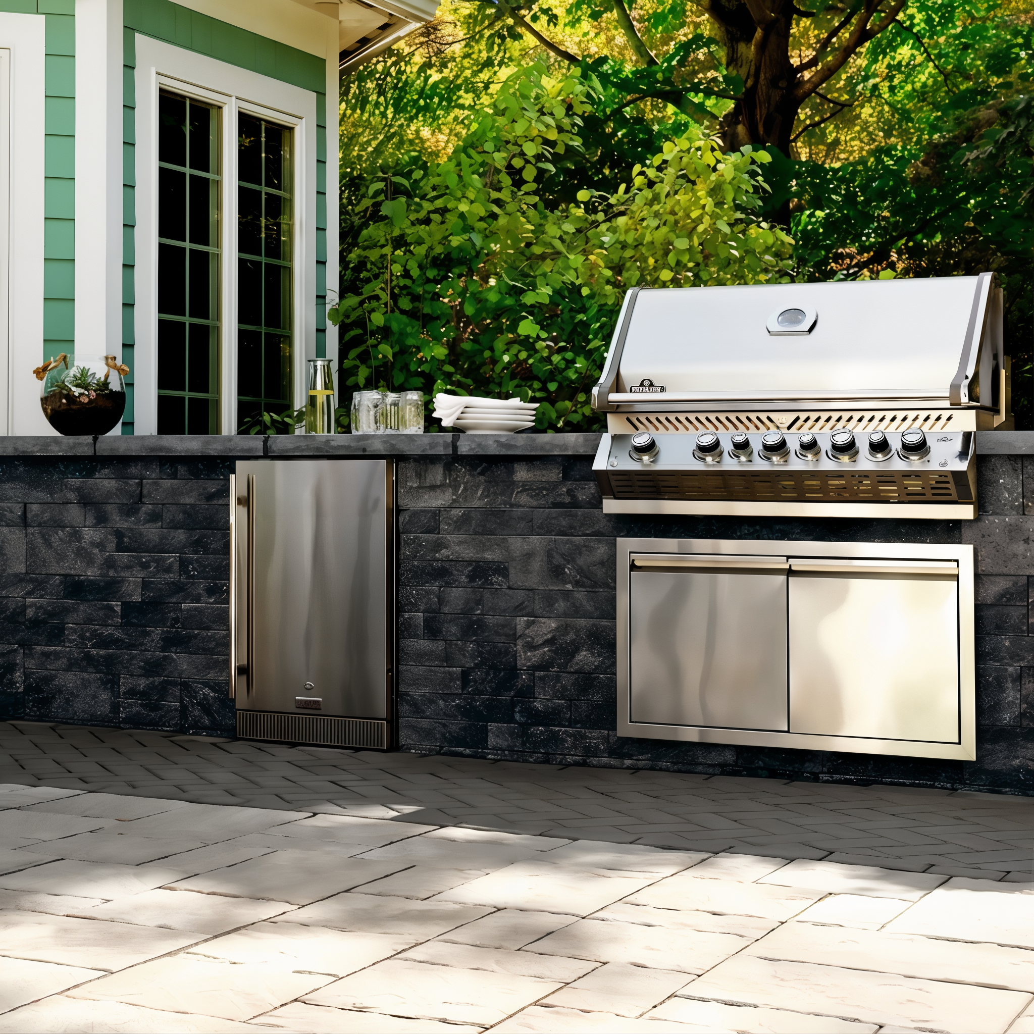 Techo-Bloc Mini-Creta Architectural Wall Onyx Black wall and pillar in a landscaped setting.
