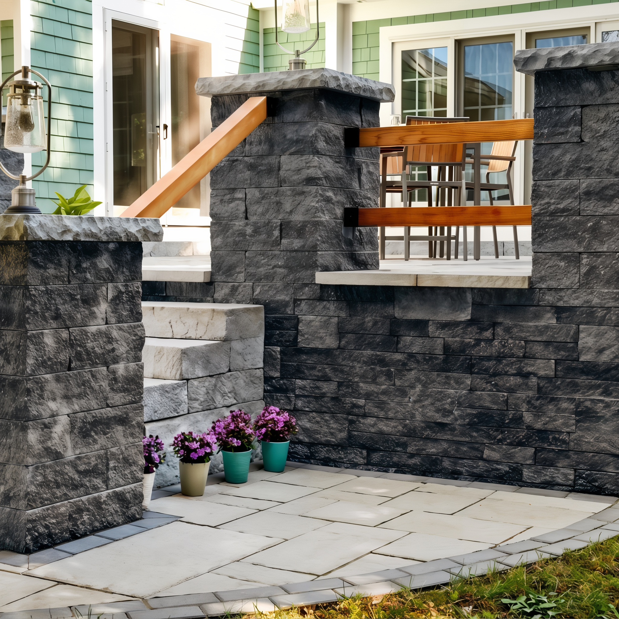 Techo-Bloc Mini-Creta Architectural Wall Onyx Black seating wall accenting a backyard patio.