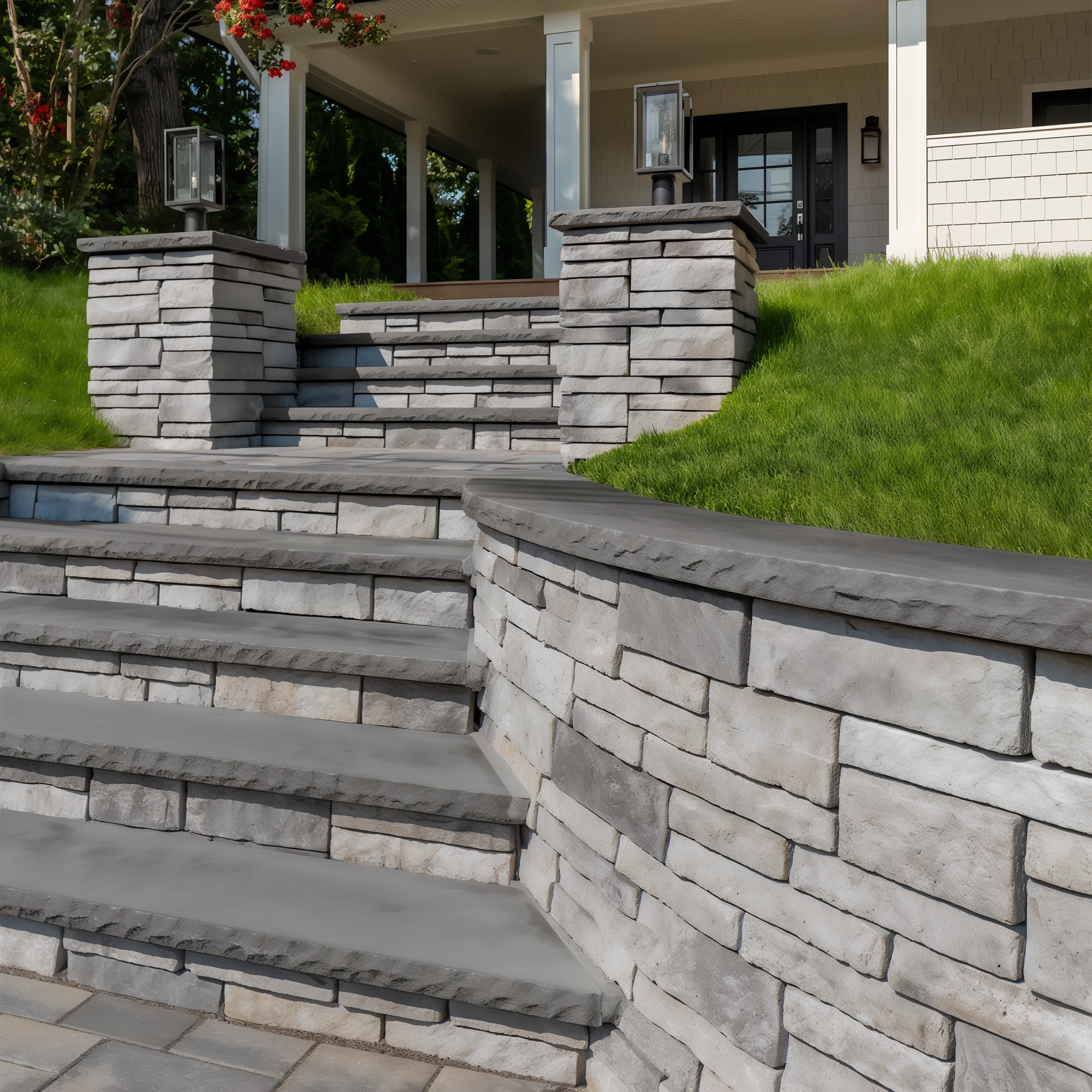 Techo-Bloc Prescott Wall in Riviera forming a curved retaining wall with chiseled texture beside landscaped steps.