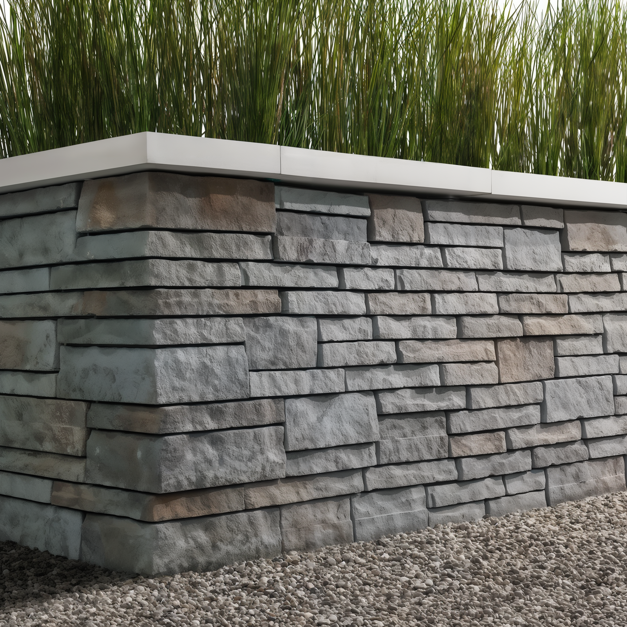 Techo-Bloc Prescott Wall planter in Riviera with chiseled split-stone texture holding tall ornamental grasses.
