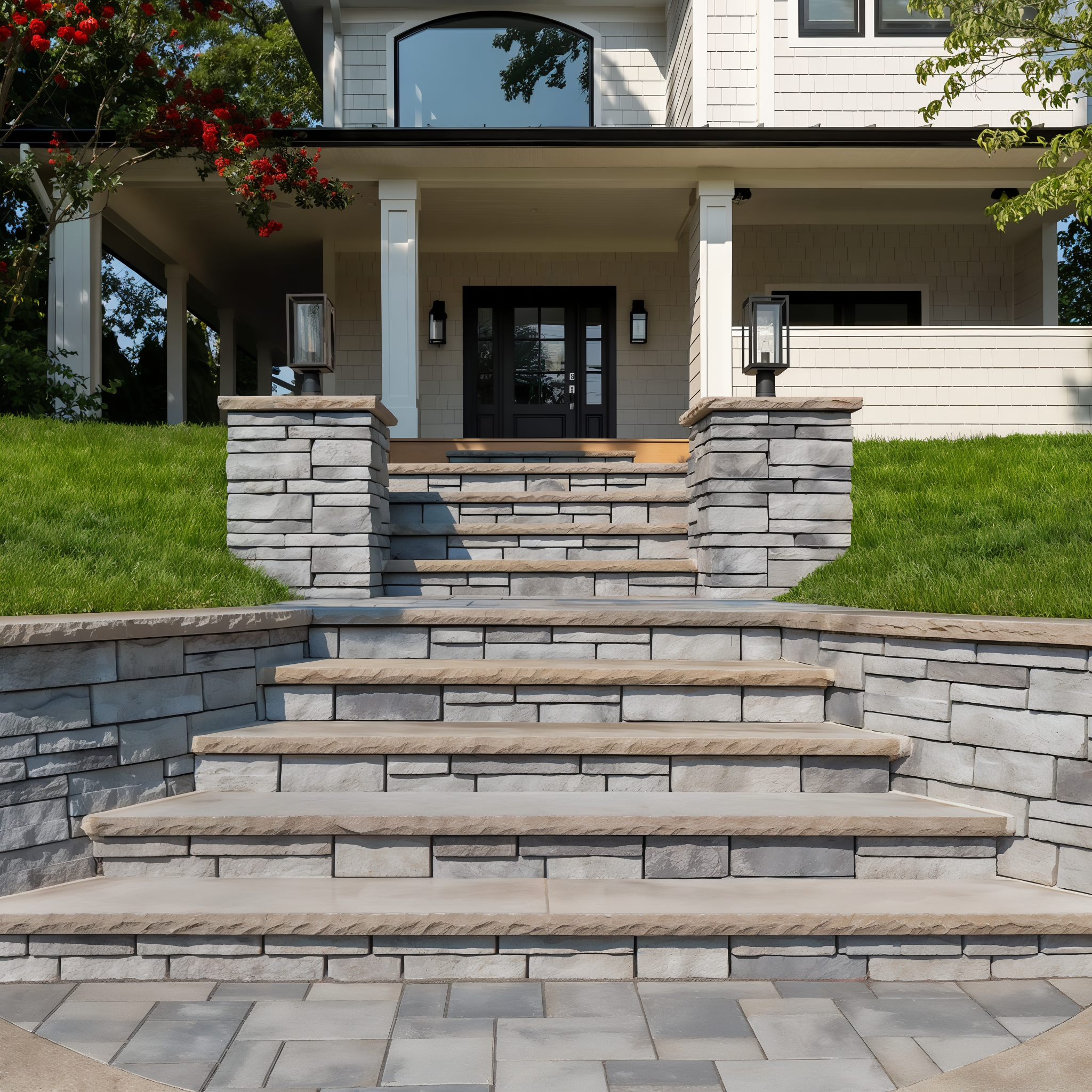 Techo-Bloc Prescott Wall retaining walls in Riviera with chiseled texture flanking symmetrical front entry steps.