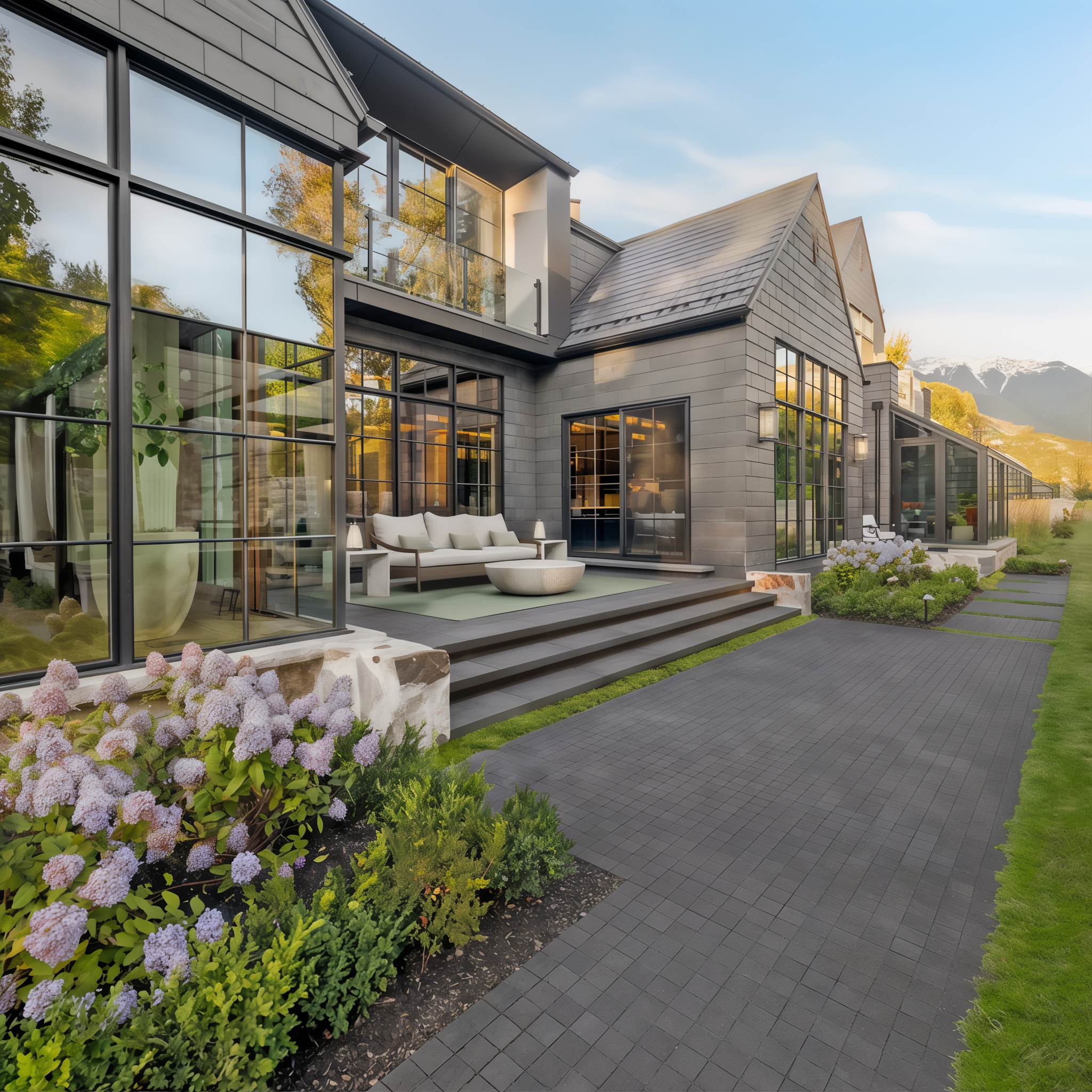 Modern patio with Onyx Black Squadra Pavers and Raffinato Cap steps, 60mm.