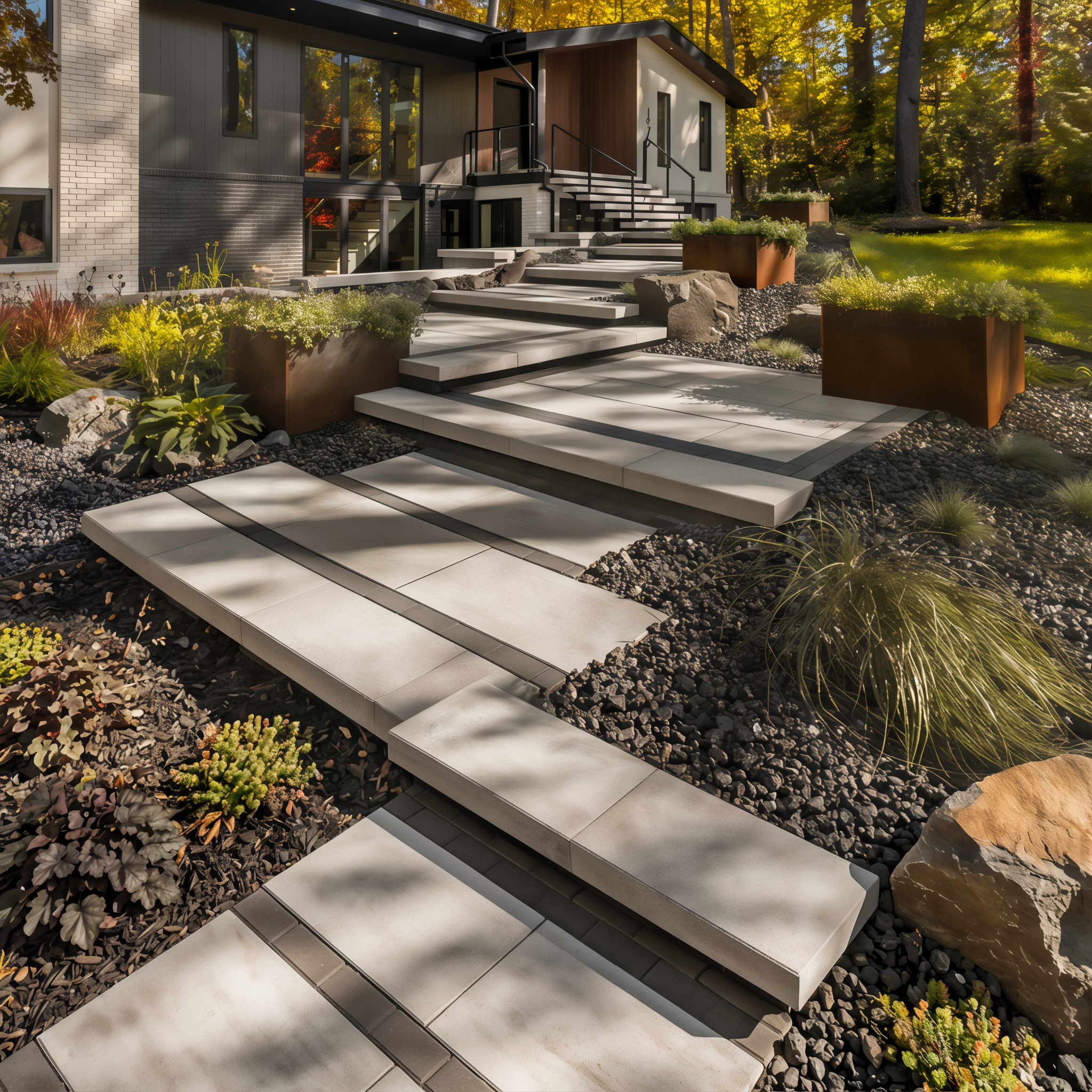 Modern entry steps with Greyed Nickel Raffinato Cap, smooth texture, 60mm.