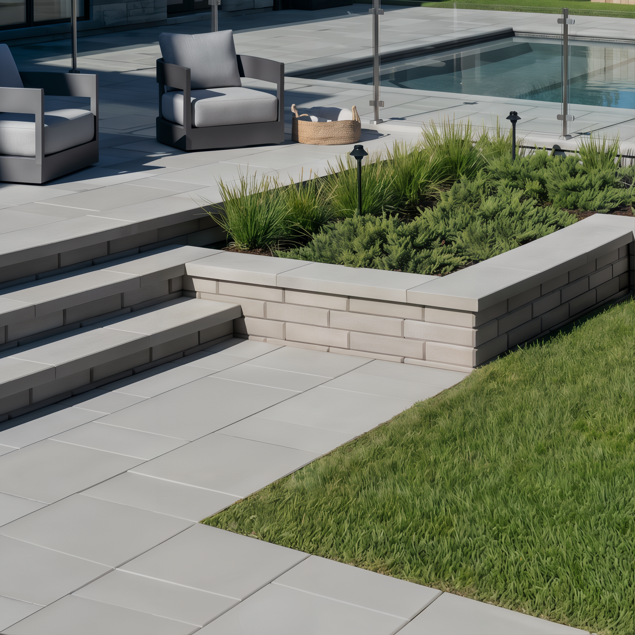 Raffinato Wall in Greyed Nickel with Smooth texture used as a raised planter retaining wall beside patio steps.