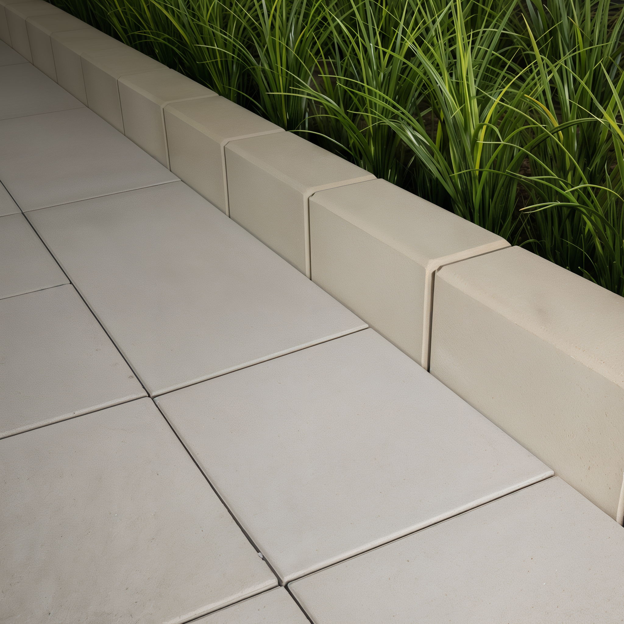Raffinato 180 Edge by Techo-Bloc in Beige Cream with smooth texture, used as a clean garden edge next to large patio stones.
