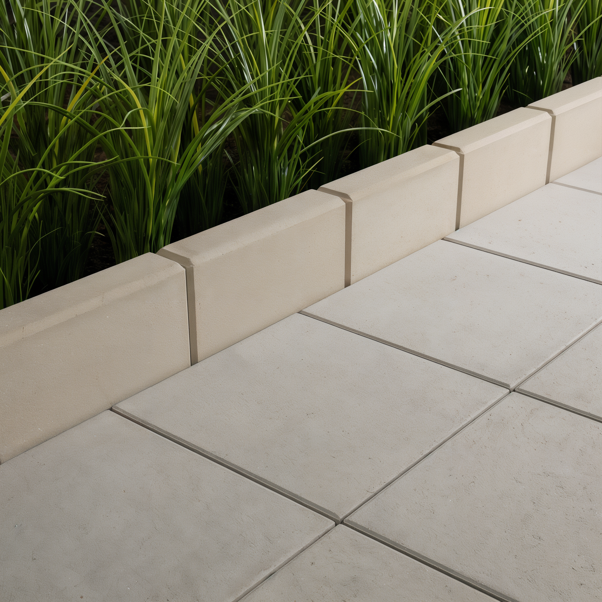 Raffinato 90 Edge by Techo-Bloc in Beige Cream with smooth texture, forming a neat garden edge beside large paving stones.