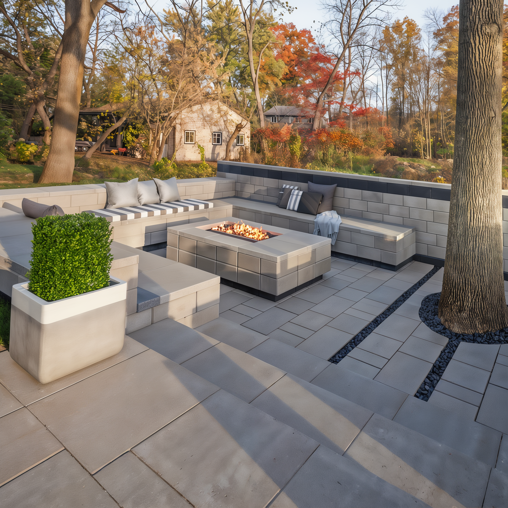 Raffinato wall by Techo-Bloc in the color Shale Grey on a patio, providing a smooth and cohesive backdrop for outdoor living.