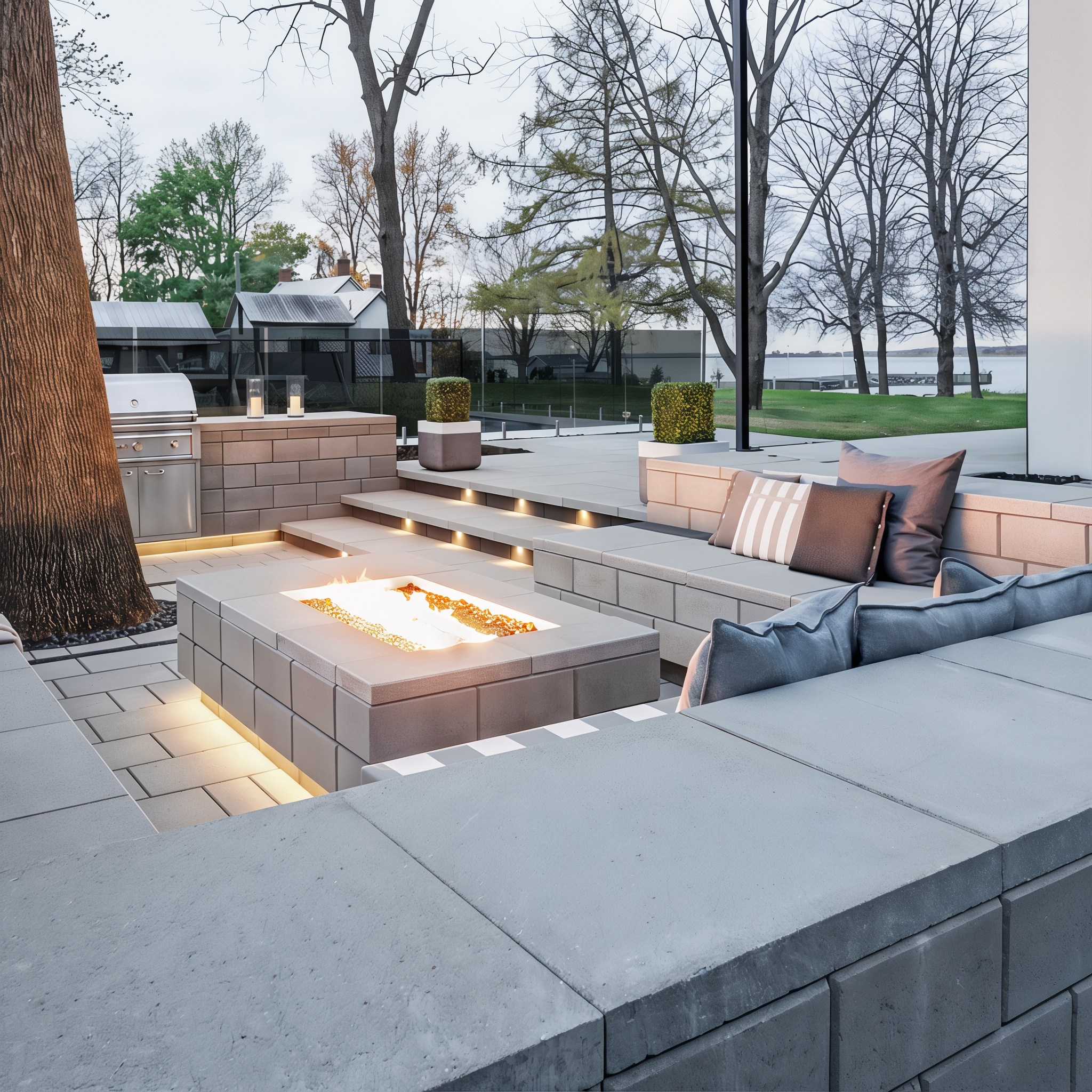 Raffinato wall by Techo-Bloc in the color Shale Grey on a patio, providing a smooth and cohesive backdrop for outdoor living.